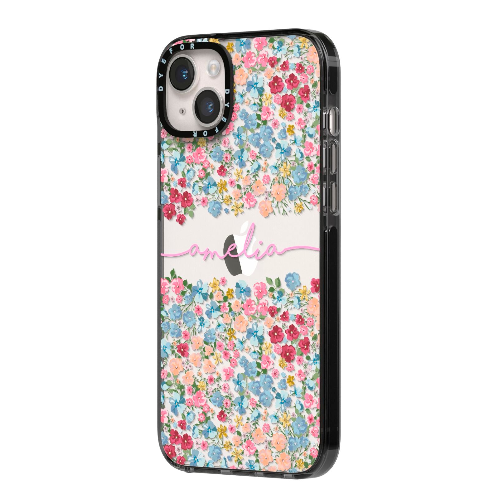 Personalised Floral Meadow iPhone 14 Plus Black Impact Case Side Angle on Silver phone