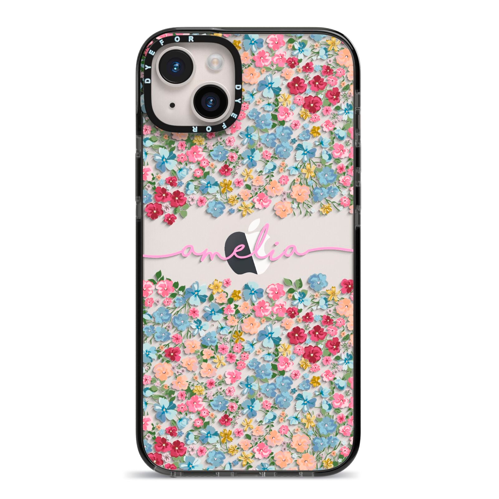 Personalised Floral Meadow iPhone 14 Plus Black Impact Case on Silver phone