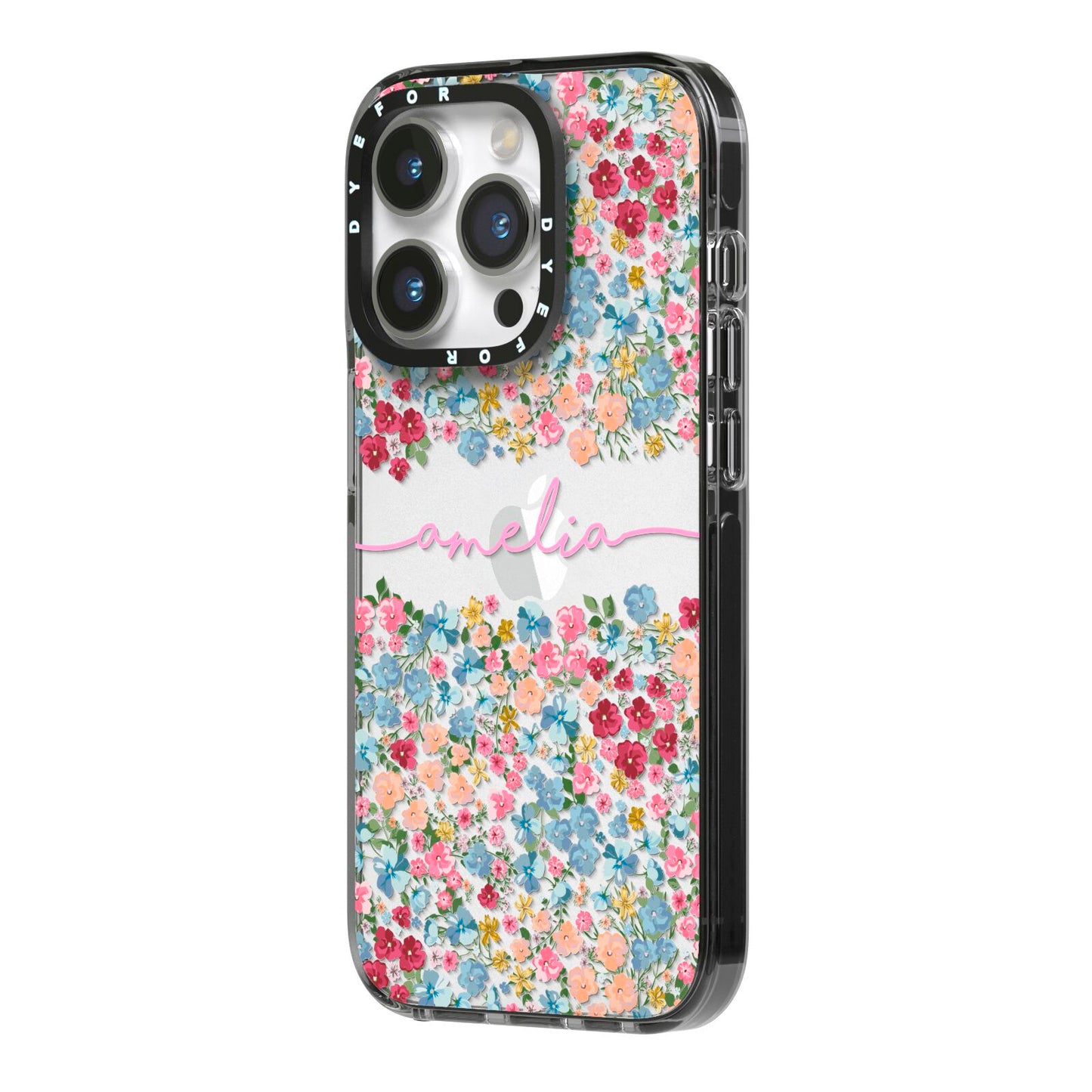Personalised Floral Meadow iPhone 14 Pro Black Impact Case Side Angle on Silver phone
