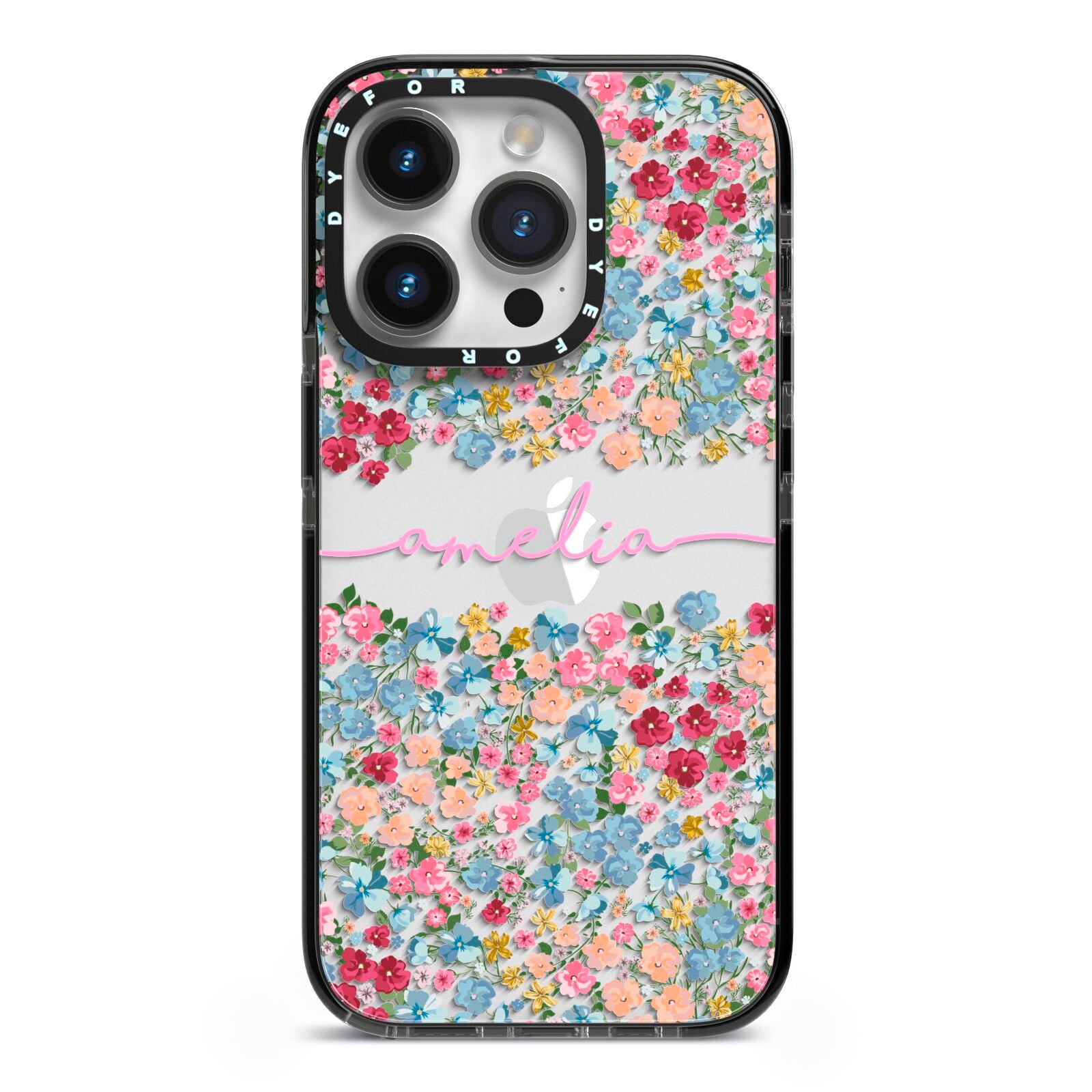 Personalised Floral Meadow iPhone 14 Pro Black Impact Case on Silver phone