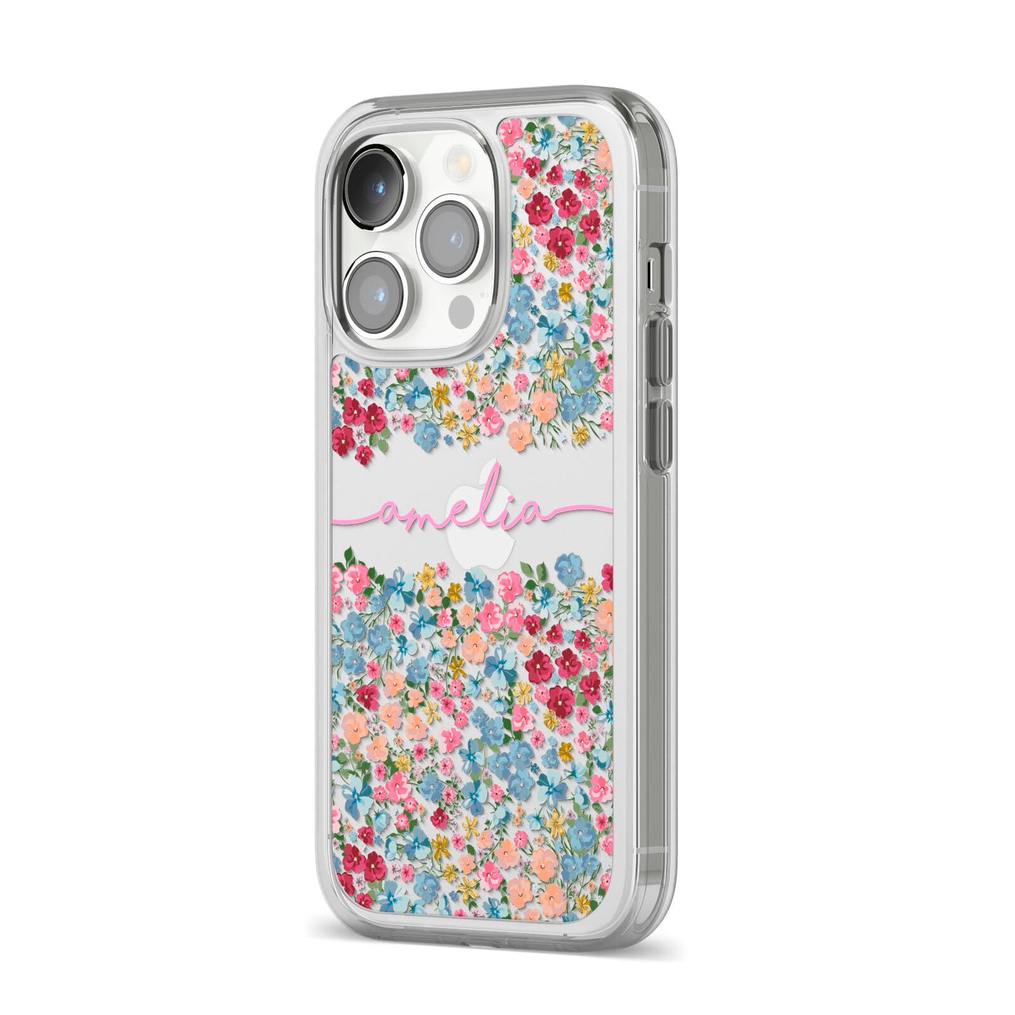 Personalised Floral Meadow iPhone 14 Pro Clear Tough Case Silver Angled Image