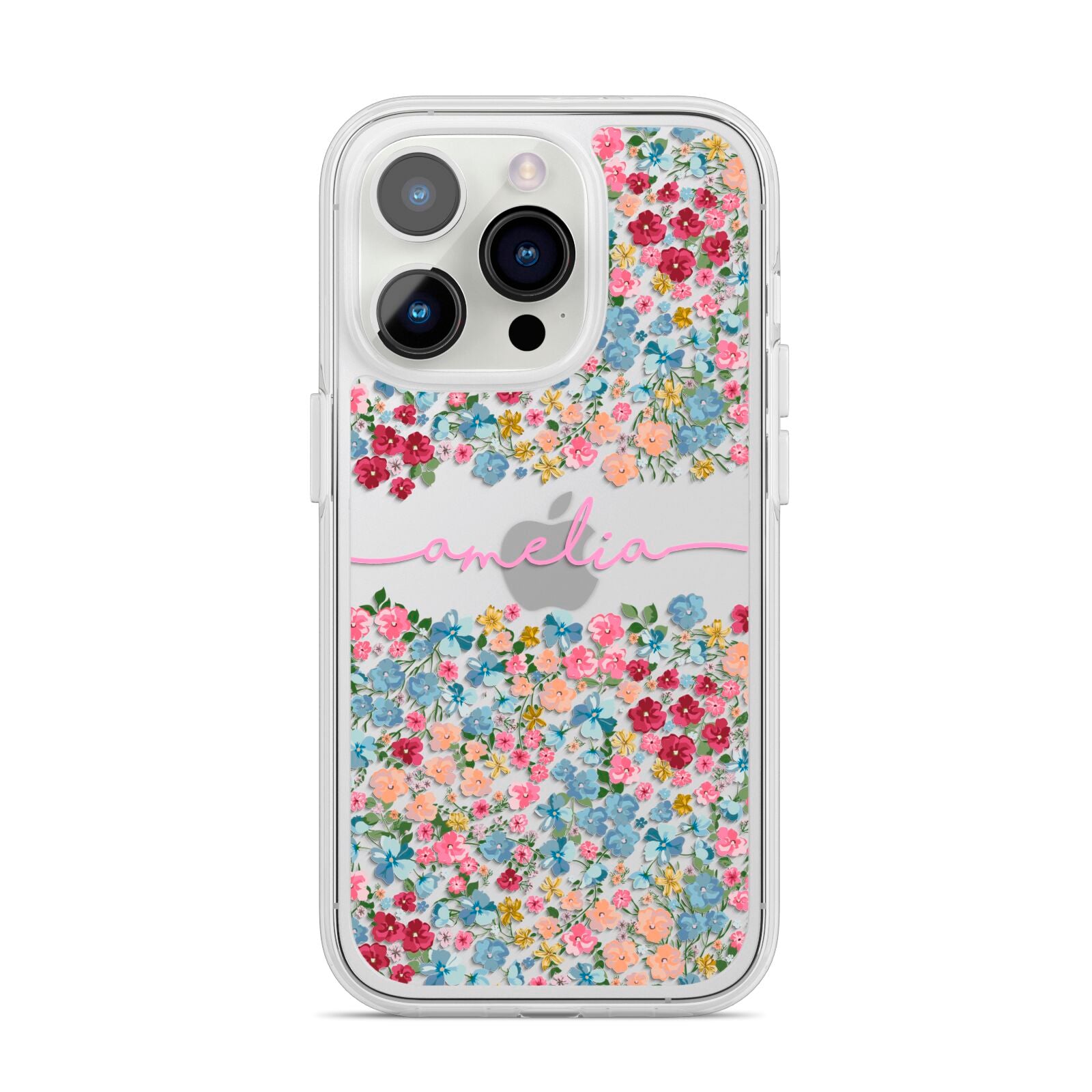 Personalised Floral Meadow iPhone 14 Pro Clear Tough Case Silver