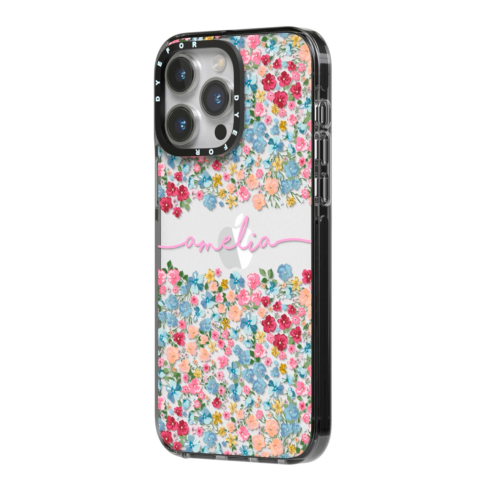 Personalised Floral Meadow iPhone 14 Pro Max Black Impact Case Side Angle on Silver phone