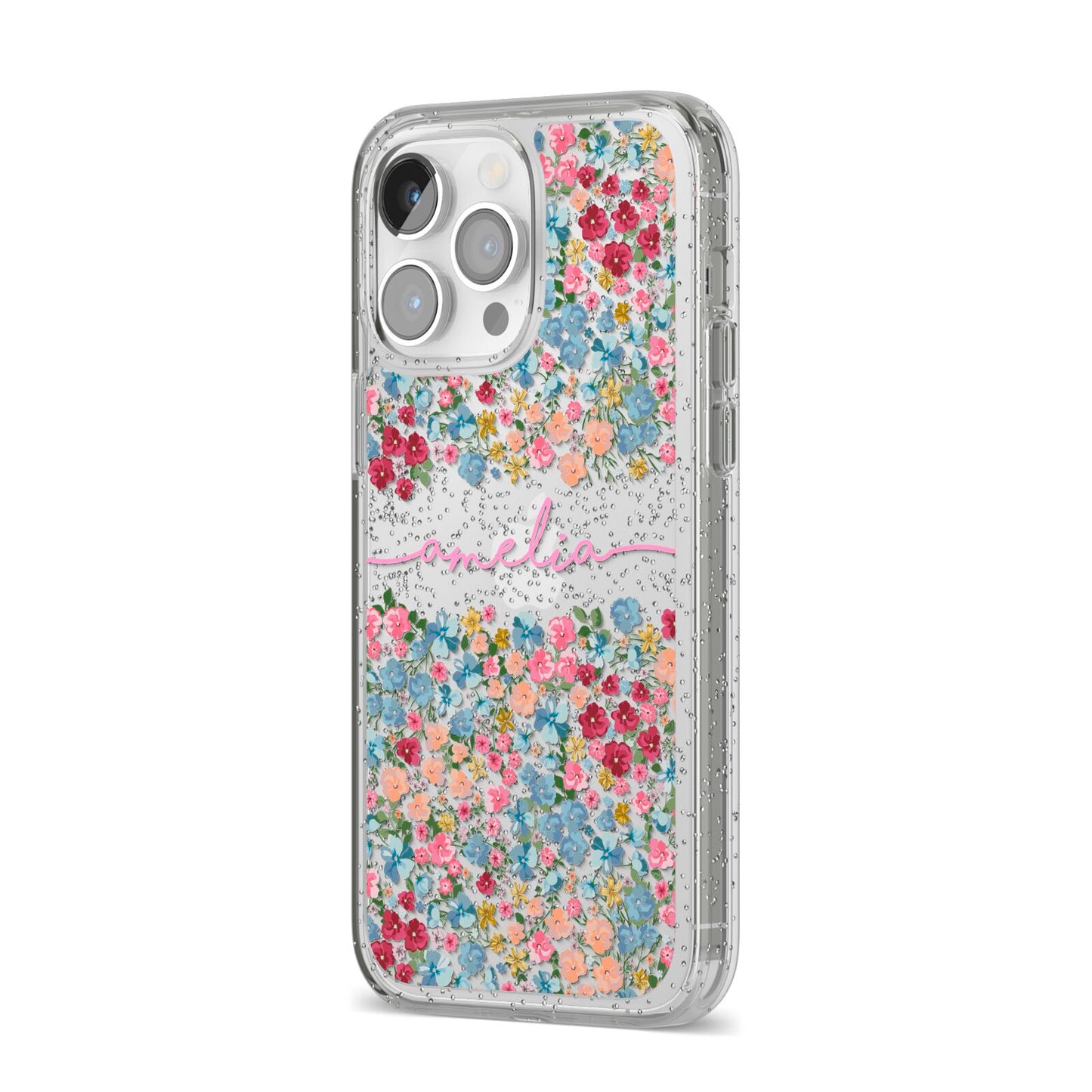 Personalised Floral Meadow iPhone 14 Pro Max Glitter Tough Case Silver Angled Image