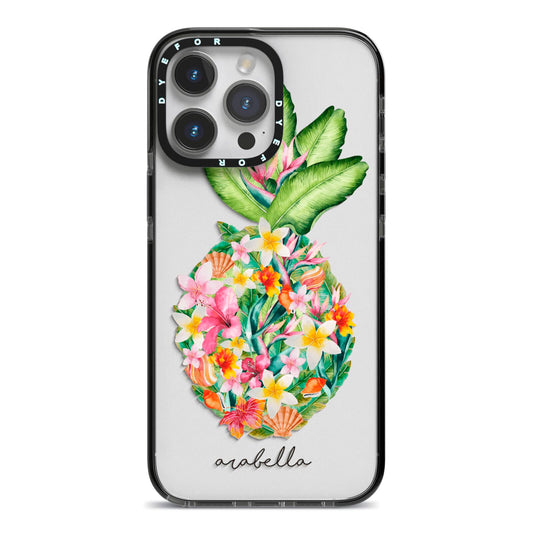 Personalised Floral Pineapple iPhone 14 Pro Max Black Impact Case on Silver phone