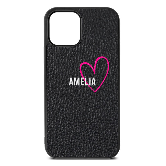 Personalised Font With Heart Black Pebble Leather iPhone 12 Case