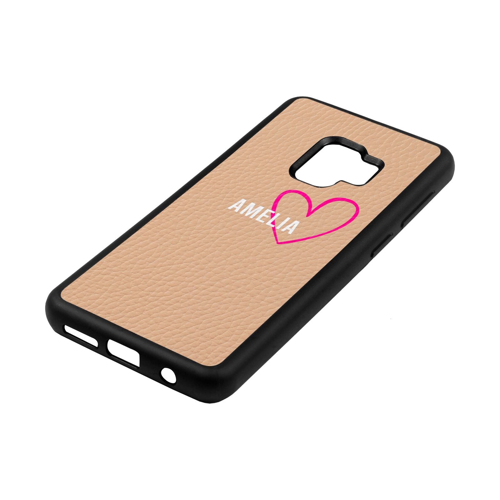 Personalised Font With Heart Nude Pebble Leather Samsung S9 Case Side Angle