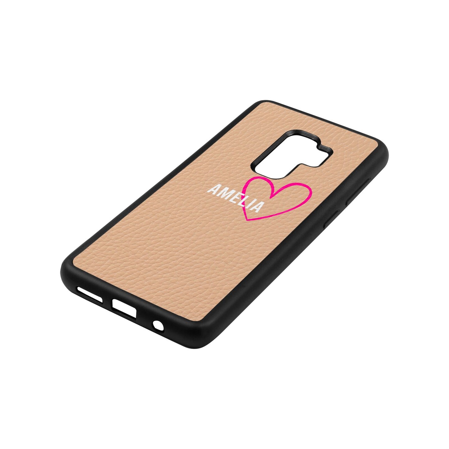 Personalised Font With Heart Nude Pebble Leather Samsung S9 Plus Case Side Angle