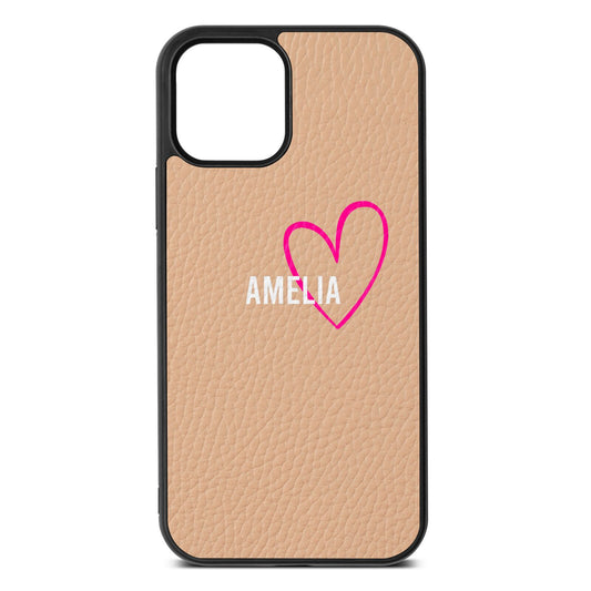 Personalised Font With Heart Nude Pebble Leather iPhone 12 Case