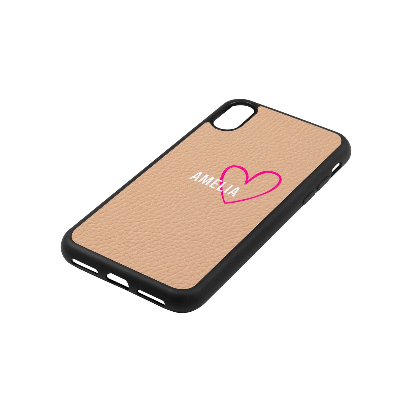 Personalised Font With Heart Nude Pebble Leather iPhone Xs Case Side Angle