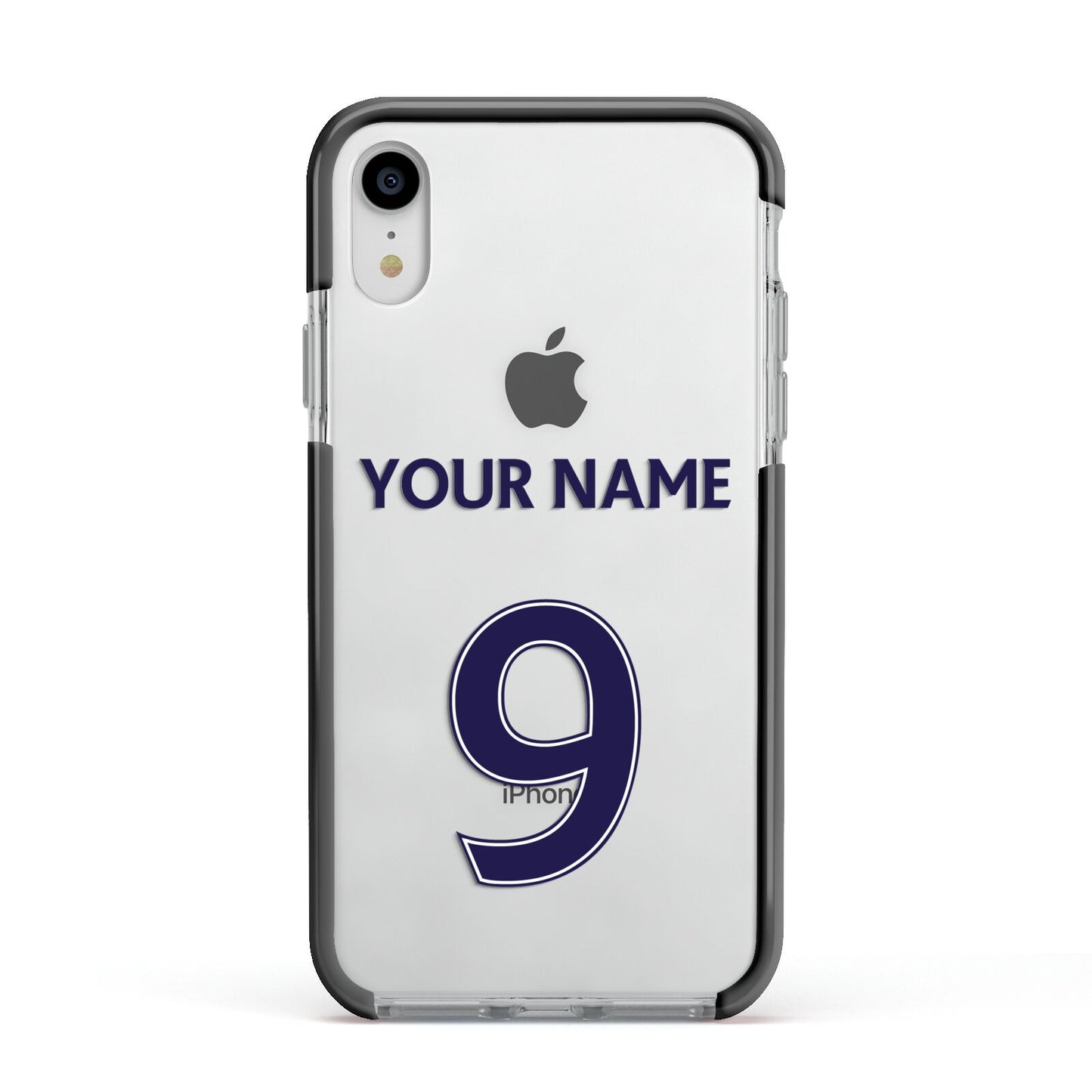 Personalised Football Name and Number Apple iPhone XR Impact Case Black Edge on Silver Phone