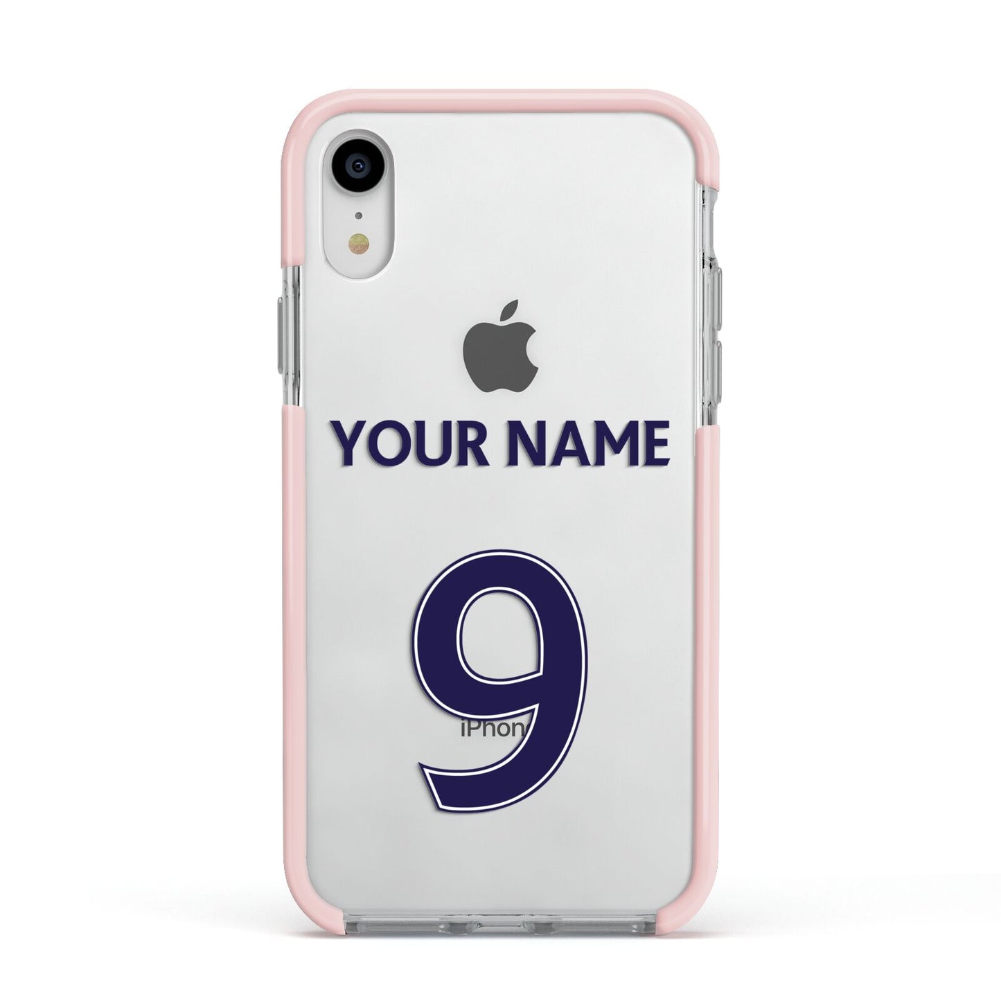 Personalised Football Name and Number Apple iPhone XR Impact Case Pink Edge on Silver Phone