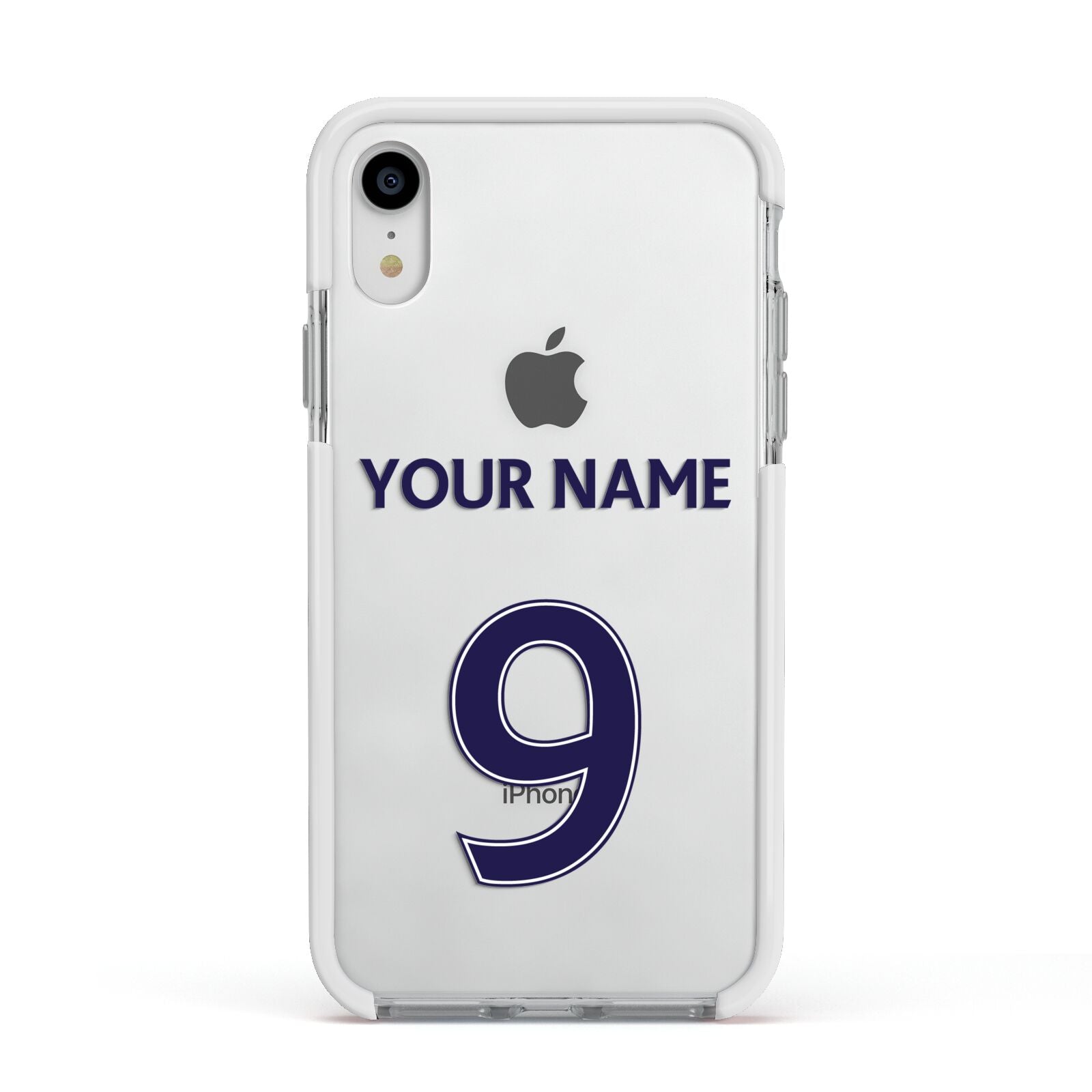 Personalised Football Name and Number Apple iPhone XR Impact Case White Edge on Silver Phone