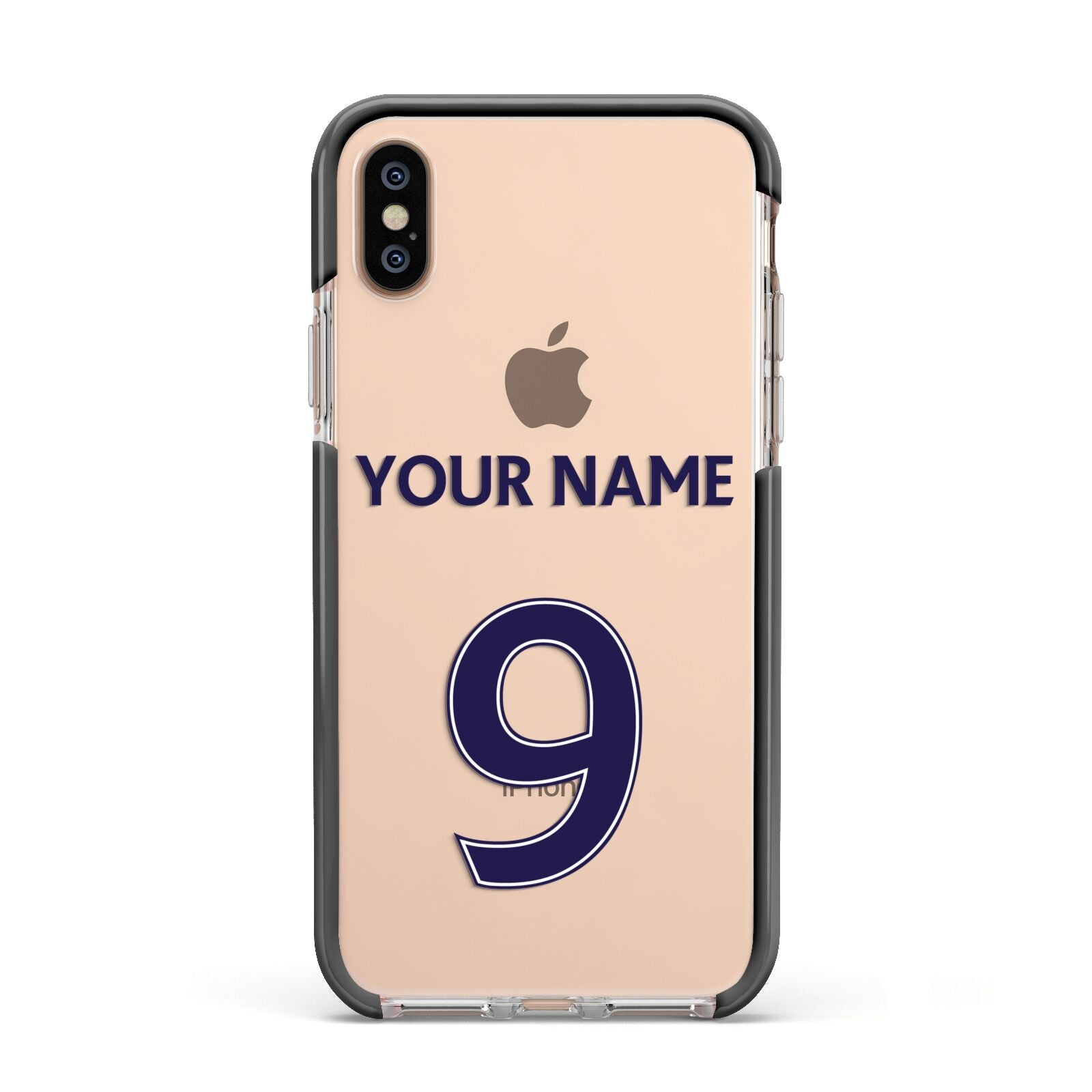 Personalised Football Name and Number Apple iPhone Xs Impact Case Black Edge on Gold Phone