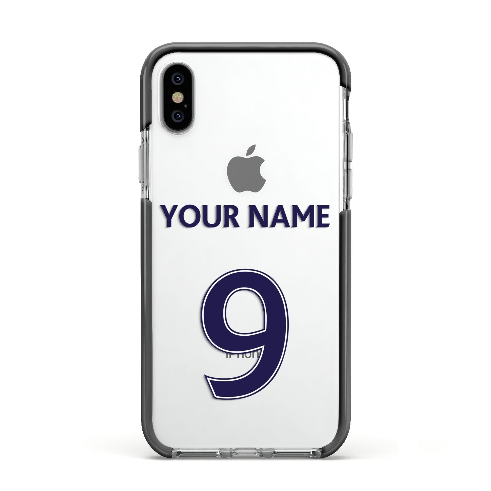 Personalised Football Name and Number Apple iPhone Xs Impact Case Black Edge on Silver Phone