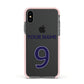 Personalised Football Name and Number Apple iPhone Xs Impact Case Pink Edge on Black Phone