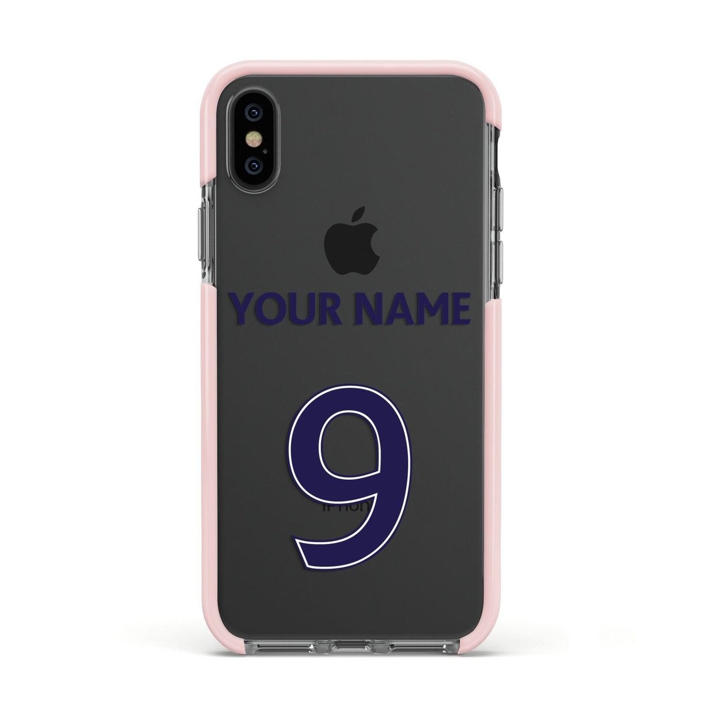 Personalised Football Name and Number Apple iPhone Xs Impact Case Pink Edge on Black Phone