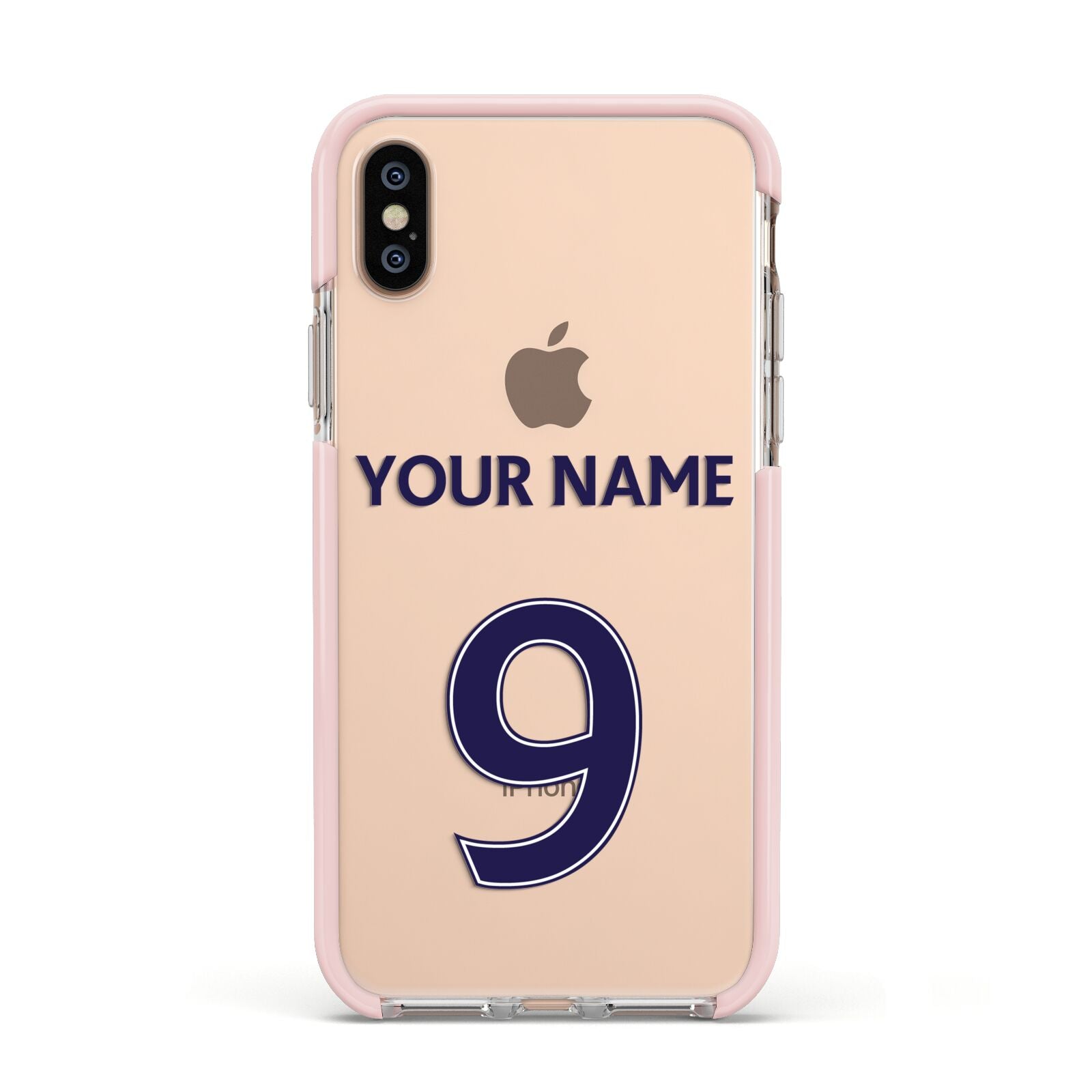 Personalised Football Name and Number Apple iPhone Xs Impact Case Pink Edge on Gold Phone