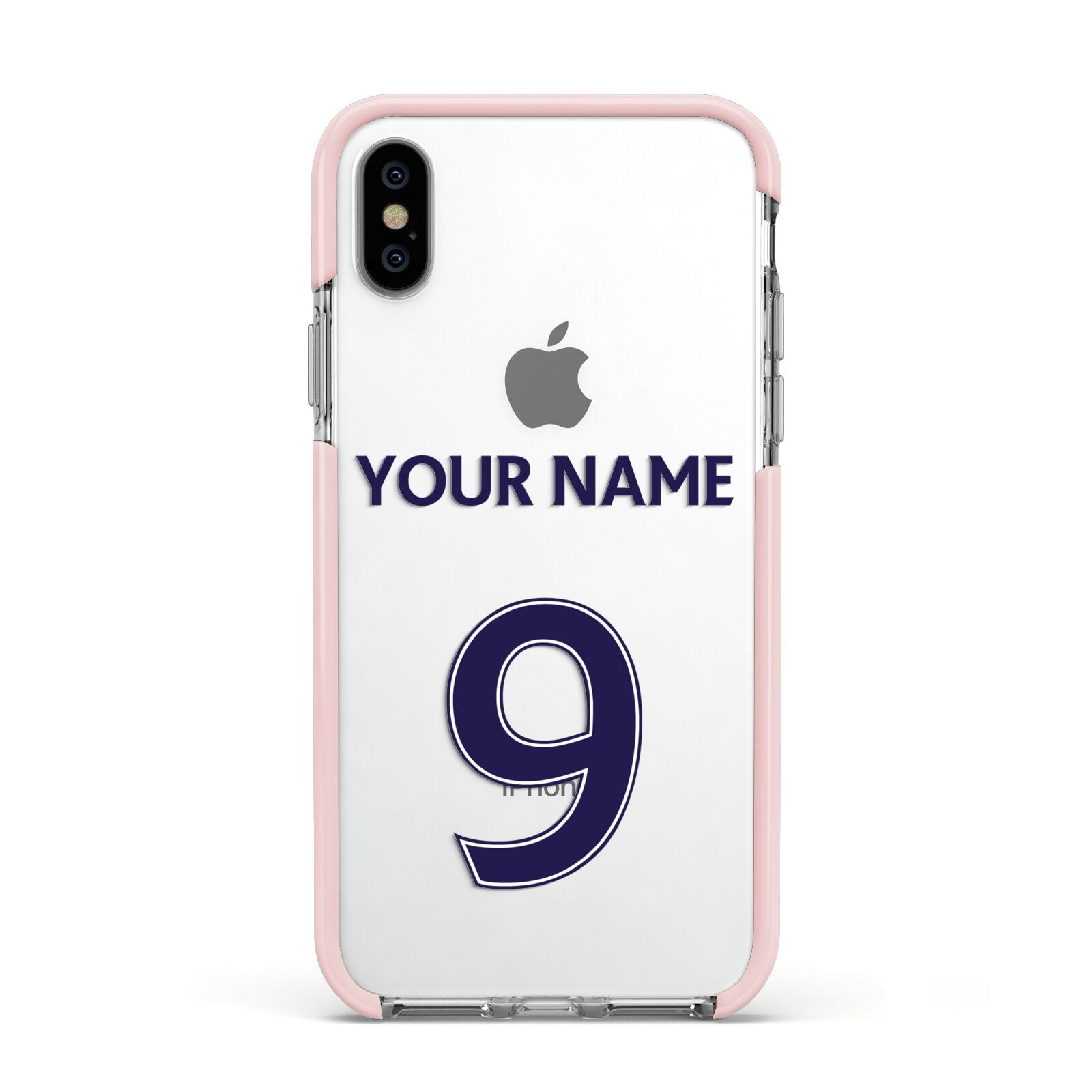 Personalised Football Name and Number Apple iPhone Xs Impact Case Pink Edge on Silver Phone