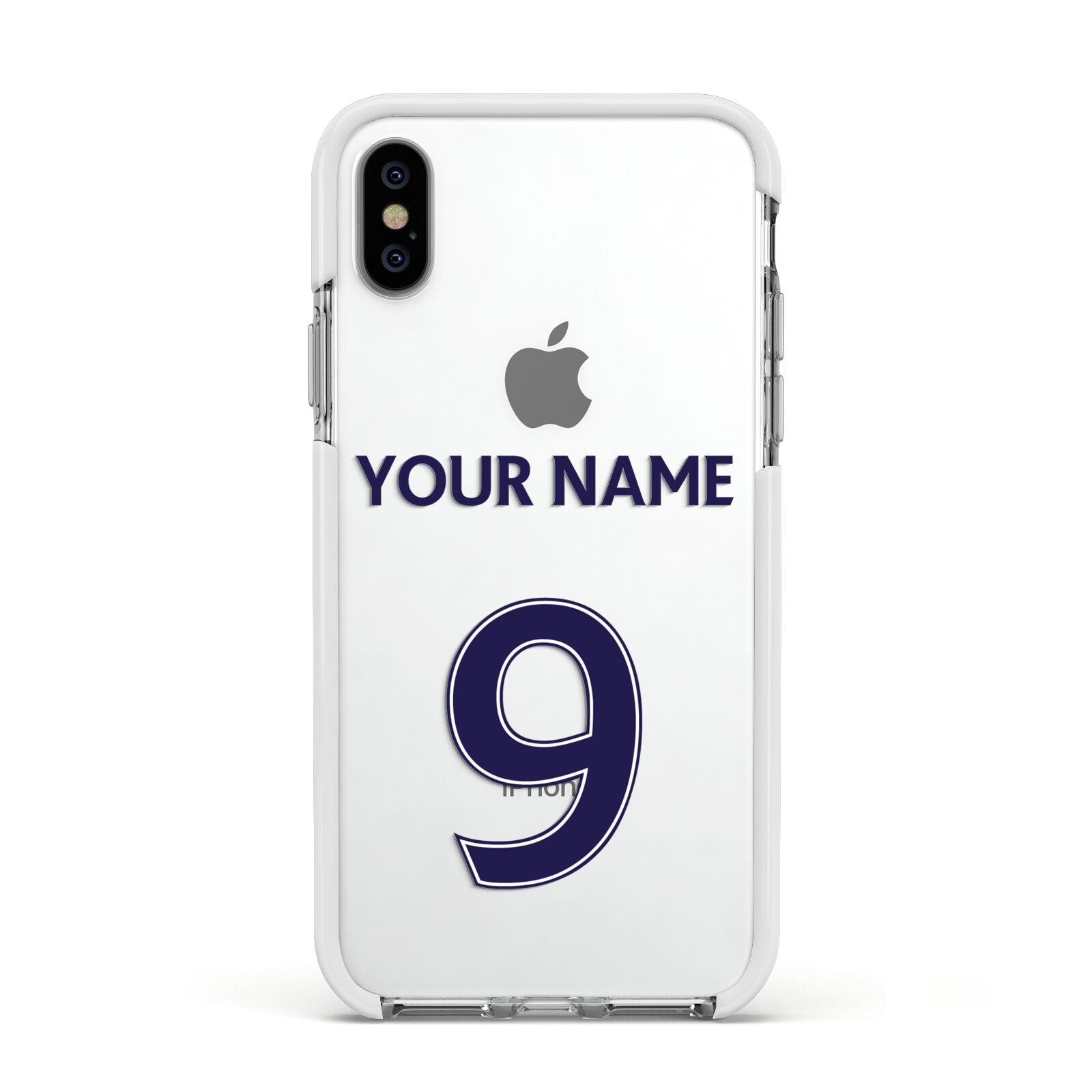 Personalised Football Name and Number Apple iPhone Xs Impact Case White Edge on Silver Phone