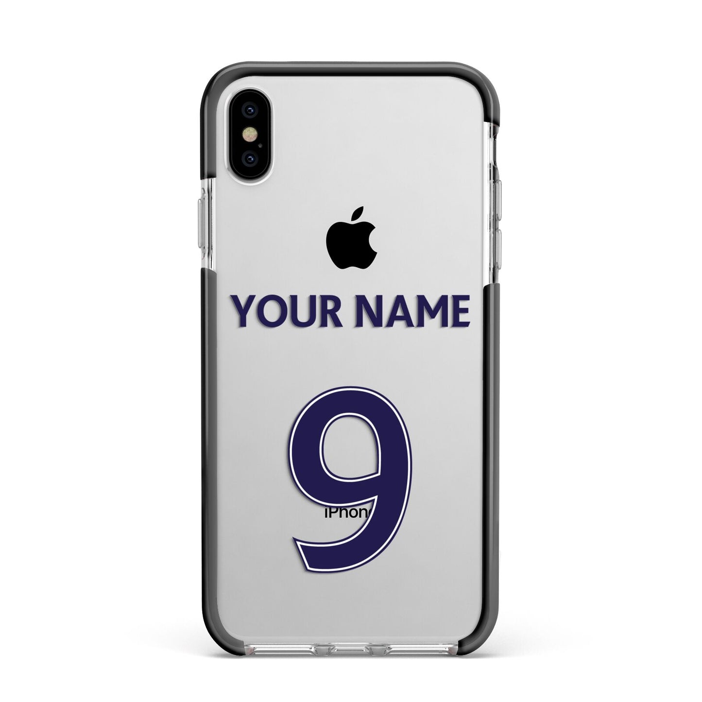 Personalised Football Name and Number Apple iPhone Xs Max Impact Case Black Edge on Silver Phone