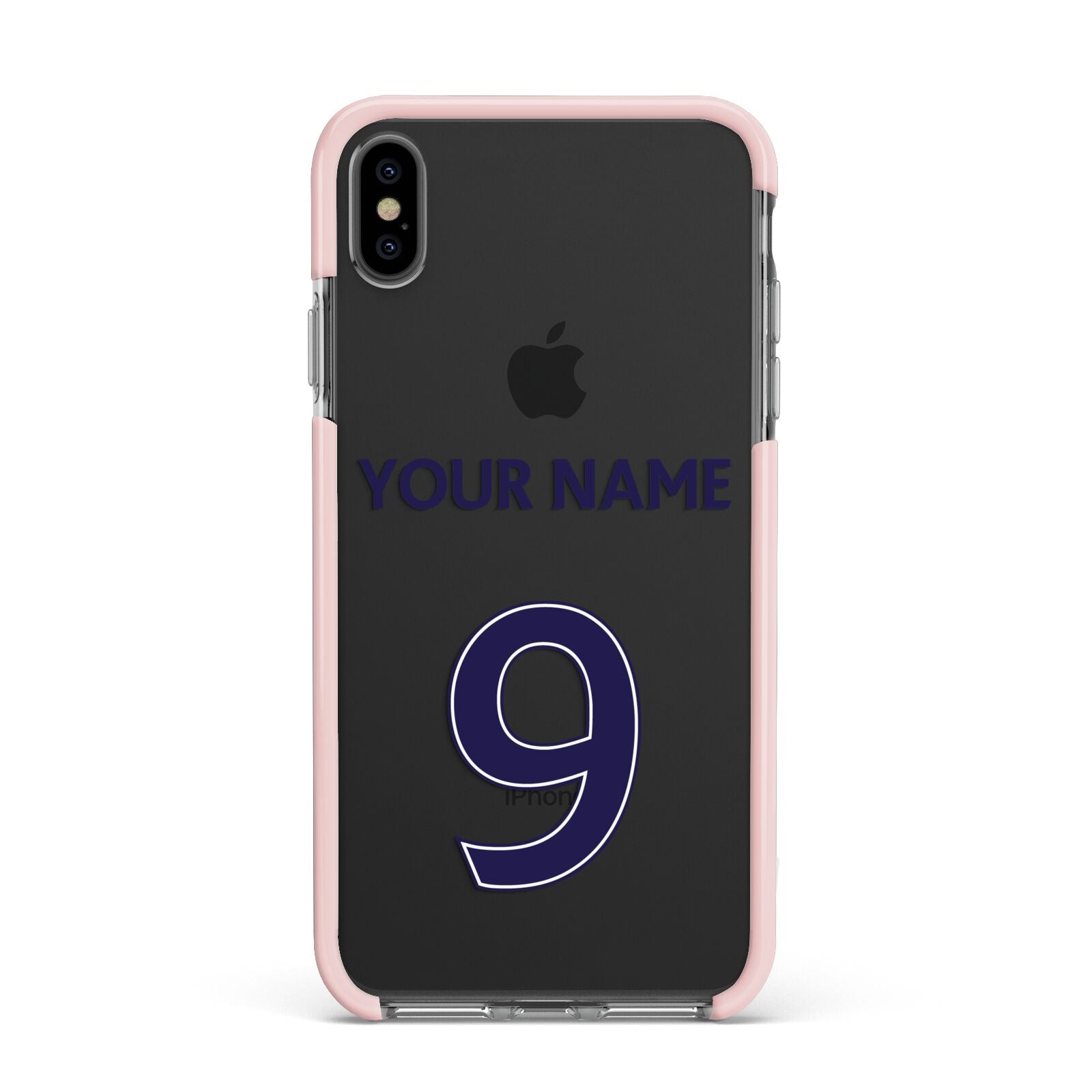 Personalised Football Name and Number Apple iPhone Xs Max Impact Case Pink Edge on Black Phone