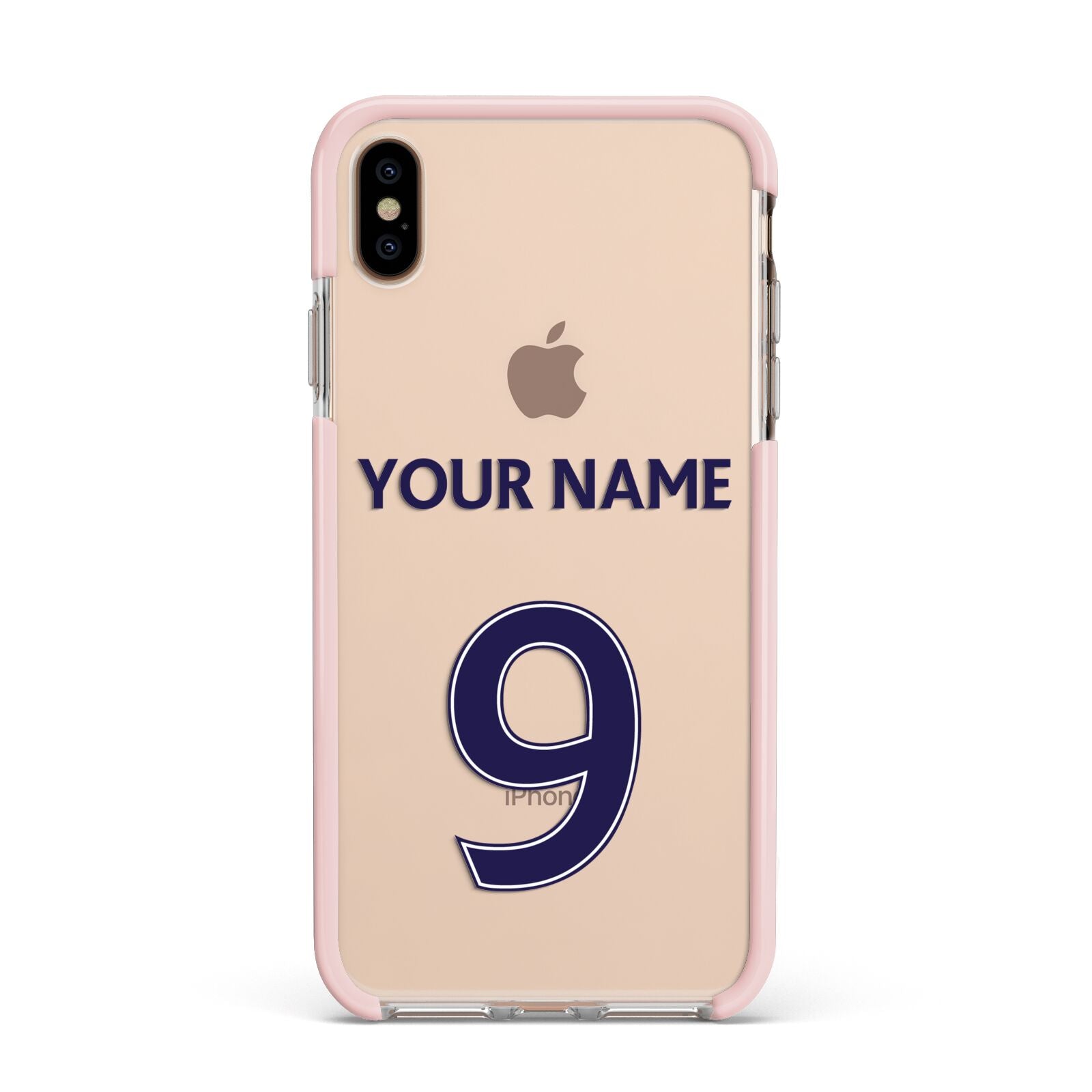 Personalised Football Name and Number Apple iPhone Xs Max Impact Case Pink Edge on Gold Phone