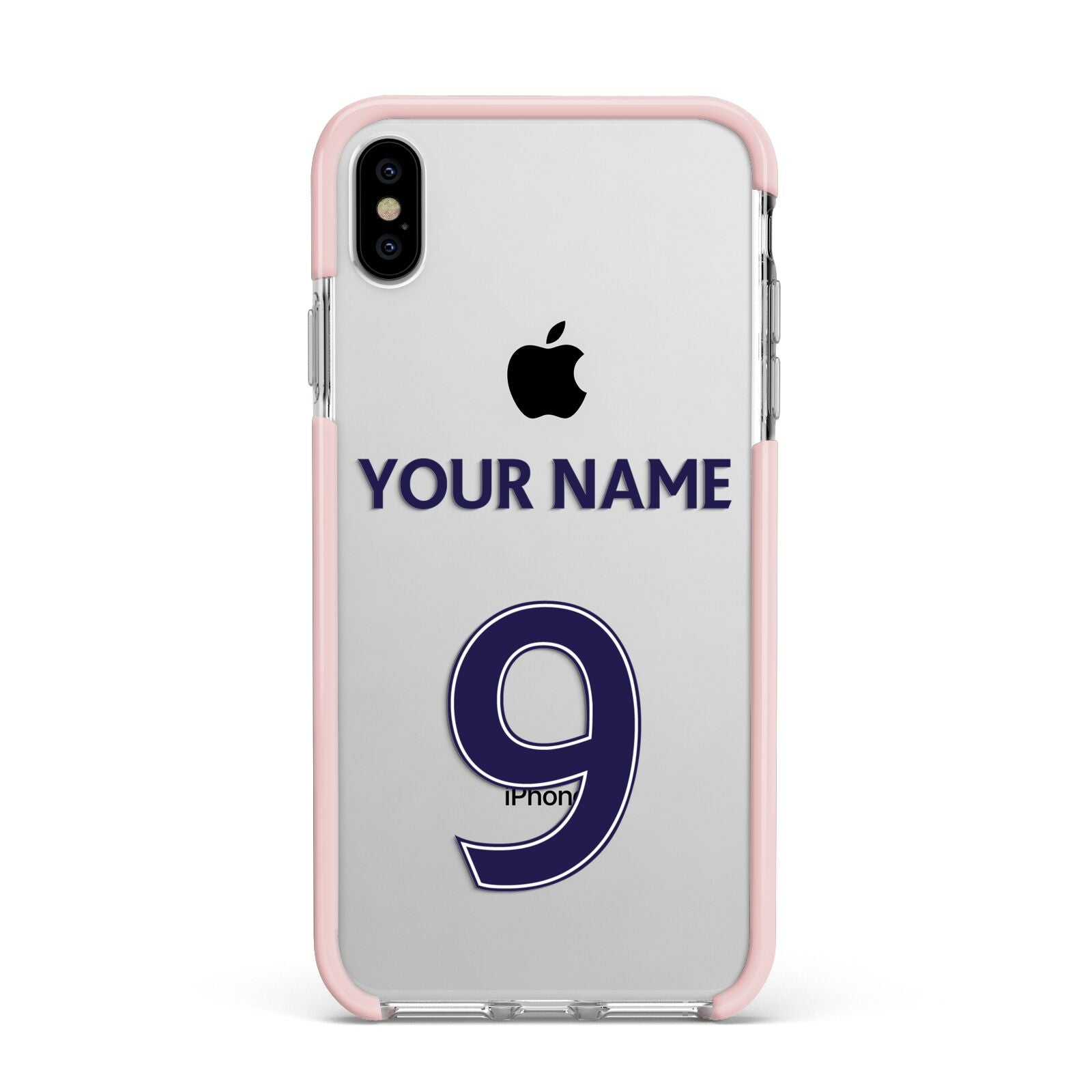 Personalised Football Name and Number Apple iPhone Xs Max Impact Case Pink Edge on Silver Phone
