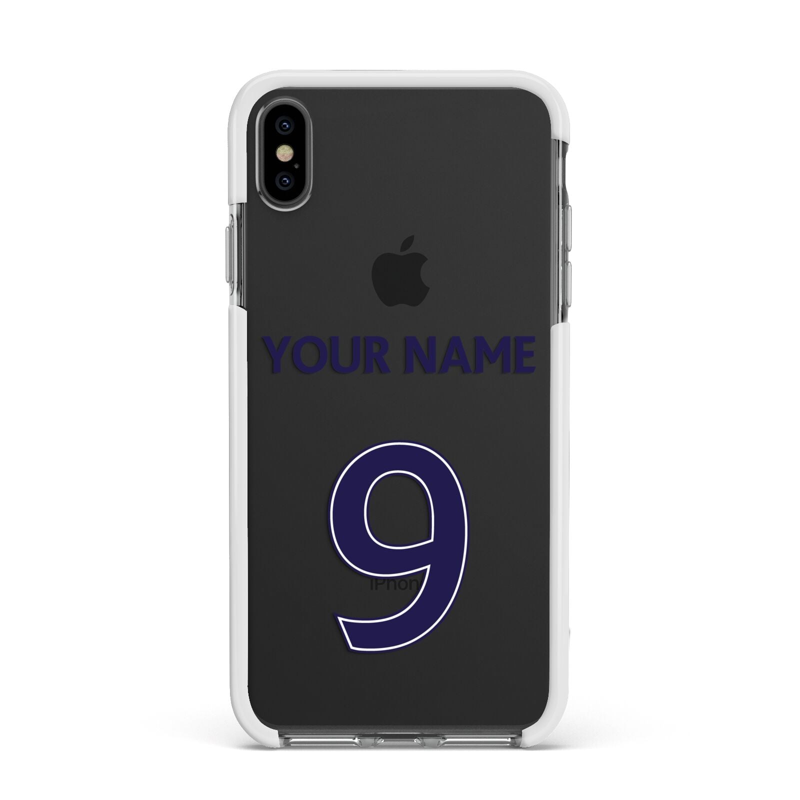 Personalised Football Name and Number Apple iPhone Xs Max Impact Case White Edge on Black Phone