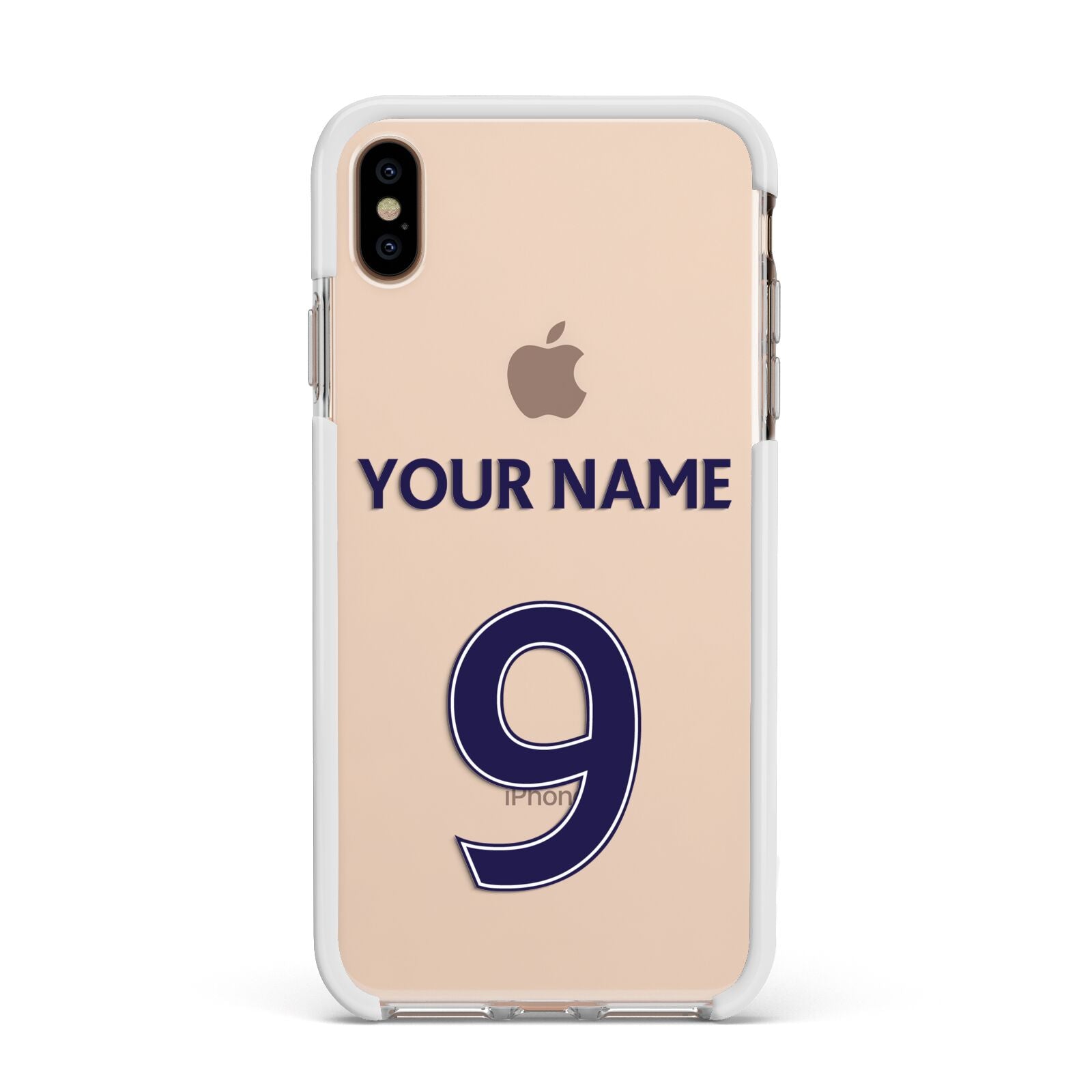 Personalised Football Name and Number Apple iPhone Xs Max Impact Case White Edge on Gold Phone