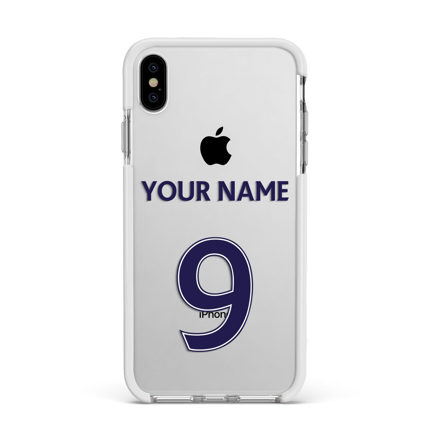 Personalised Football Name and Number Apple iPhone Xs Max Impact Case White Edge on Silver Phone