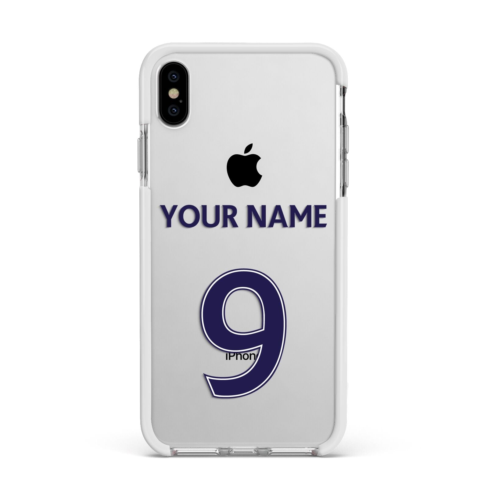 Personalised Football Name and Number Apple iPhone Xs Max Impact Case White Edge on Silver Phone