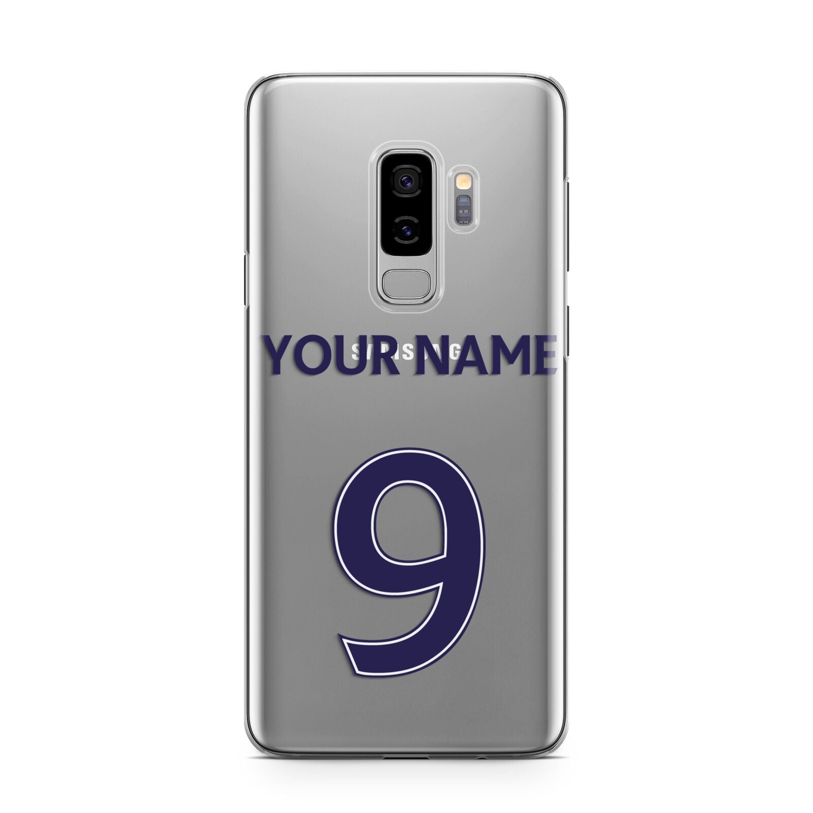 Personalised Football Name and Number Samsung Galaxy S9 Plus Case on Silver phone