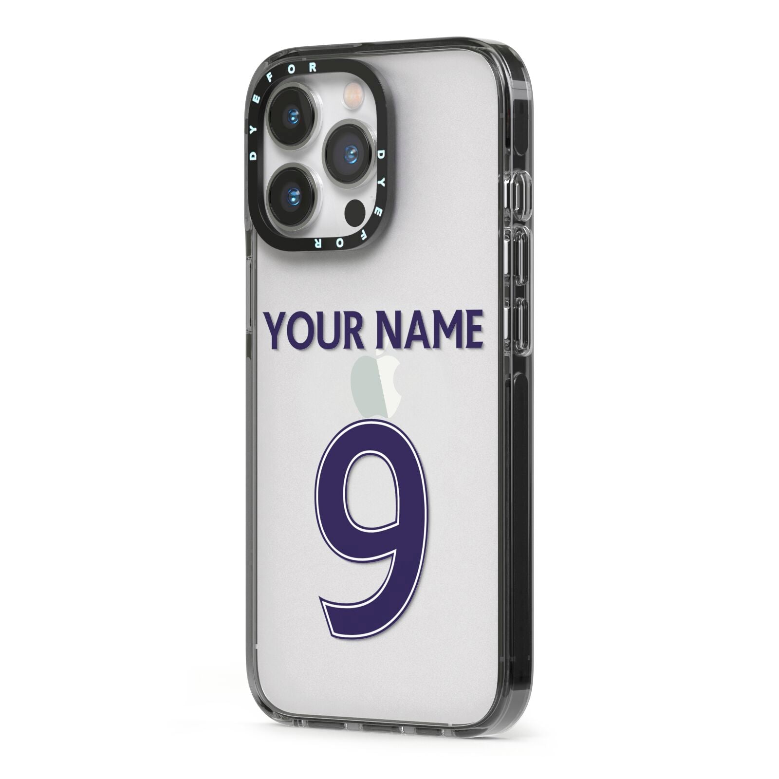 Personalised Football Name and Number iPhone 13 Pro Black Impact Case Side Angle on Silver phone