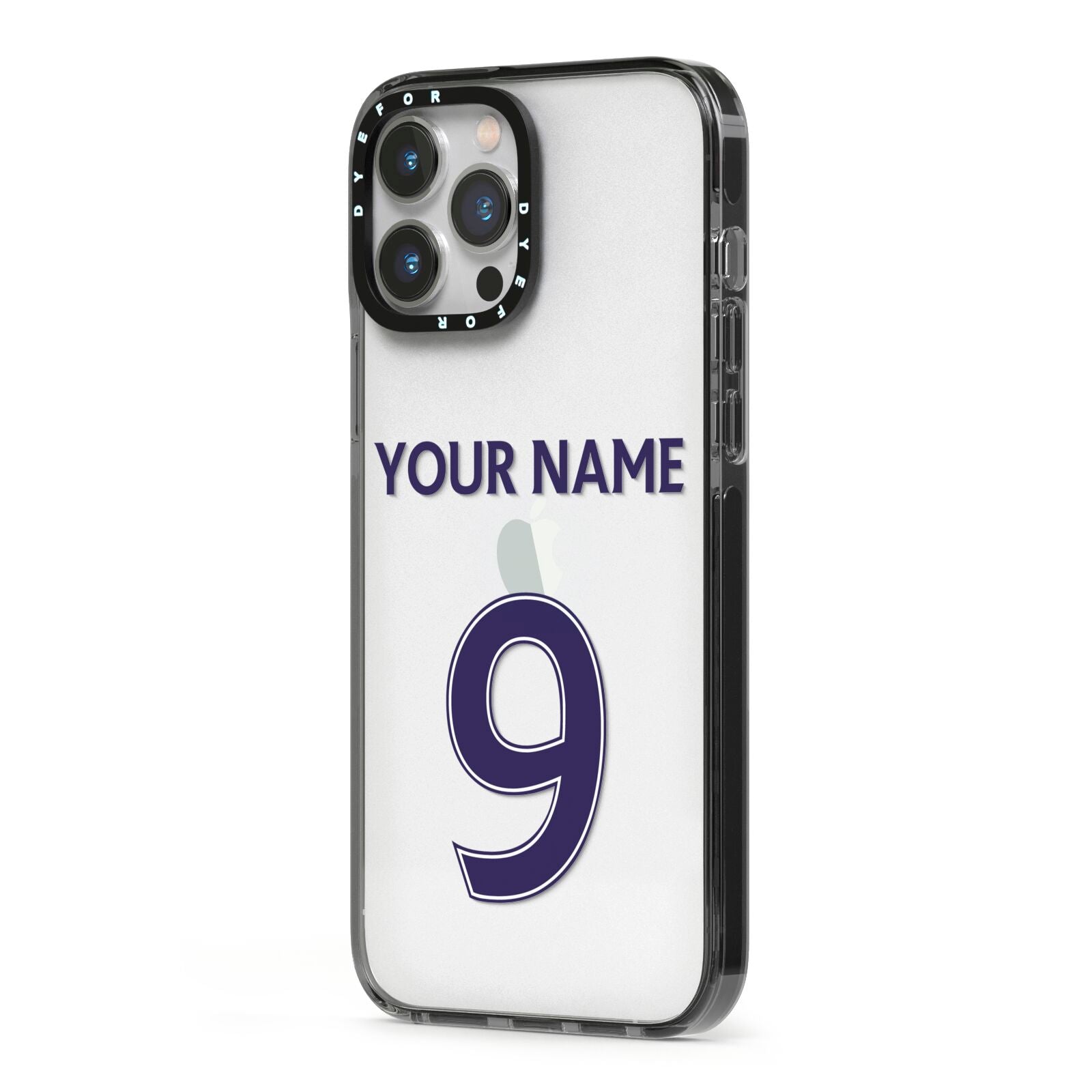 Personalised Football Name and Number iPhone 13 Pro Max Black Impact Case Side Angle on Silver phone