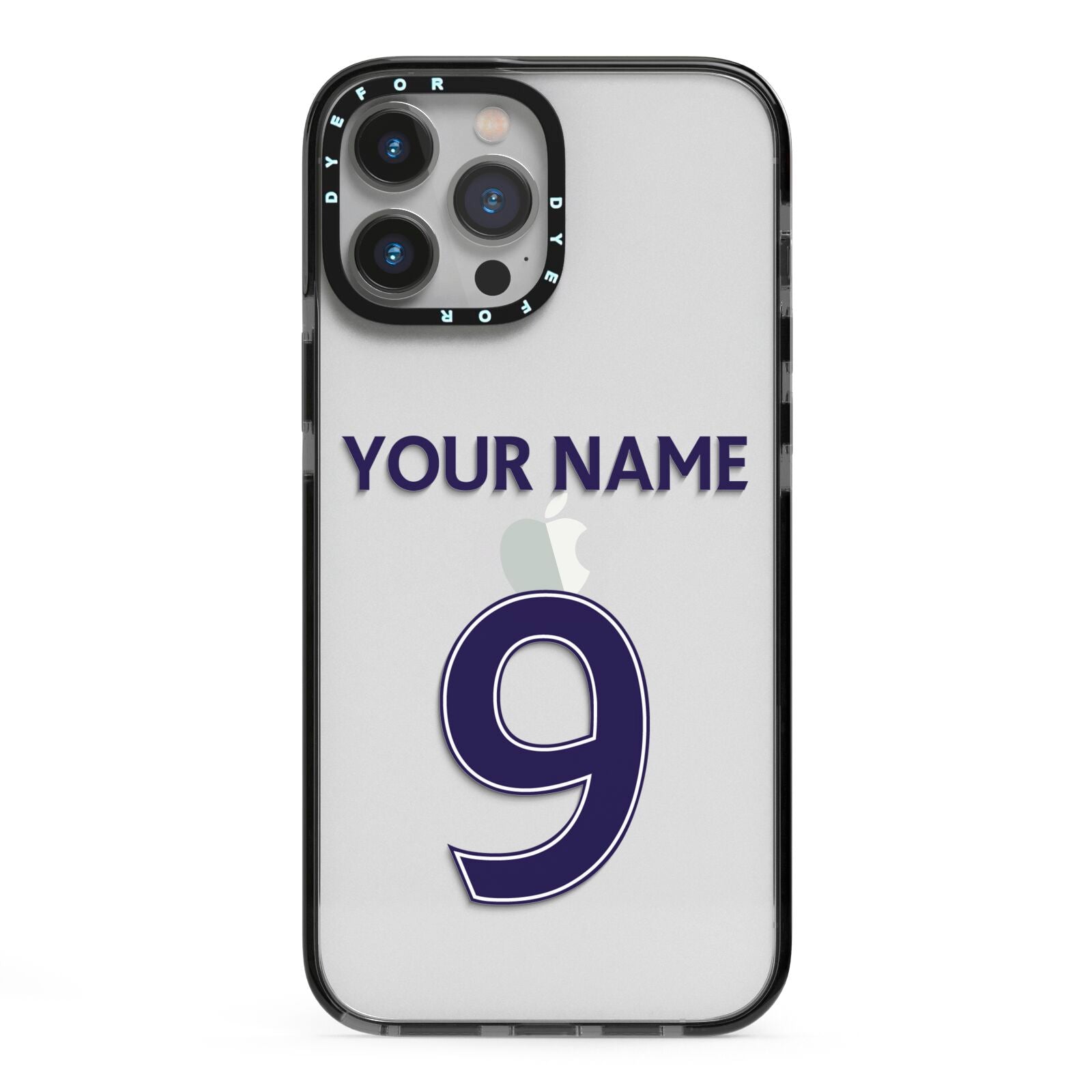 Personalised Football Name and Number iPhone 13 Pro Max Black Impact Case on Silver phone
