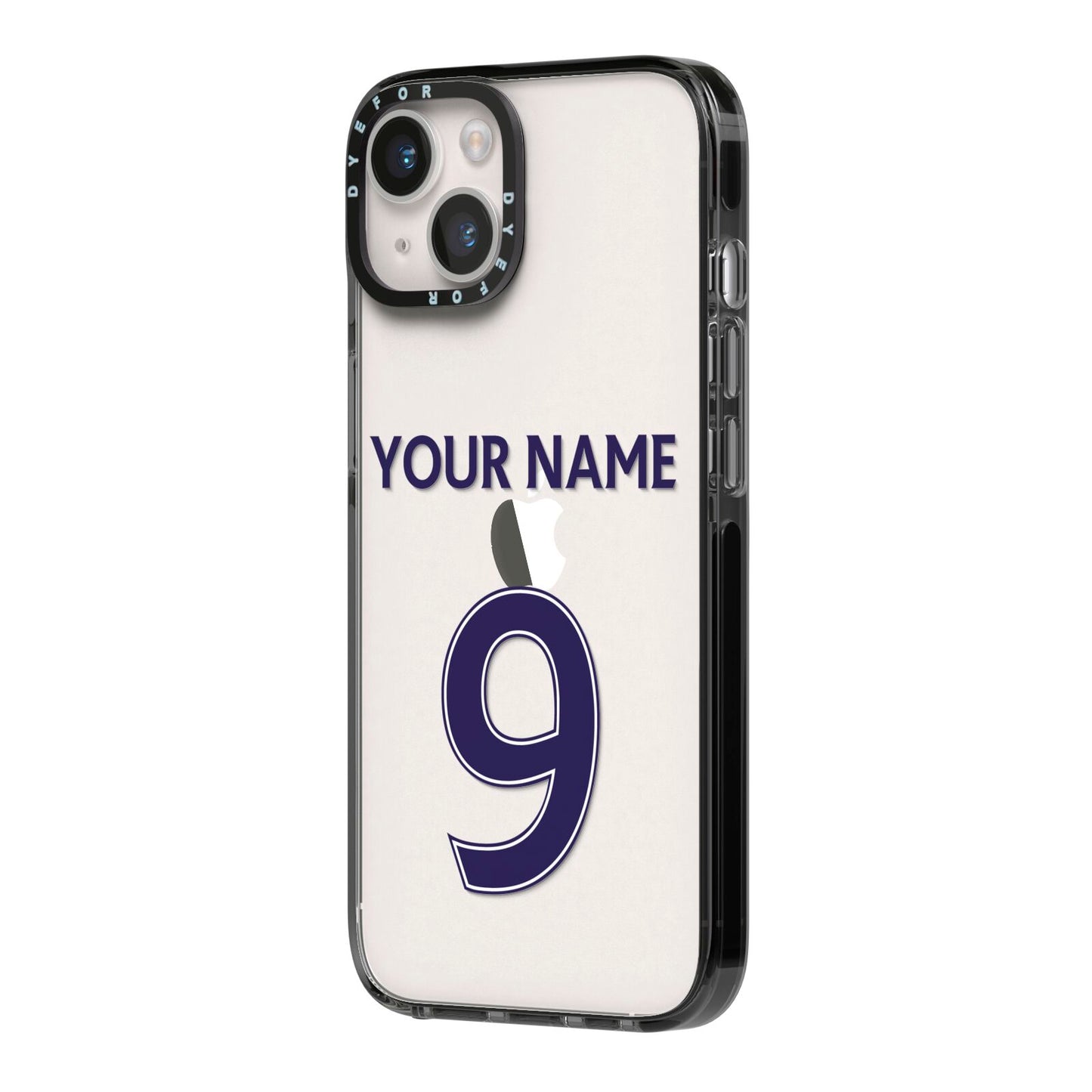 Personalised Football Name and Number iPhone 14 Black Impact Case Side Angle on Silver phone