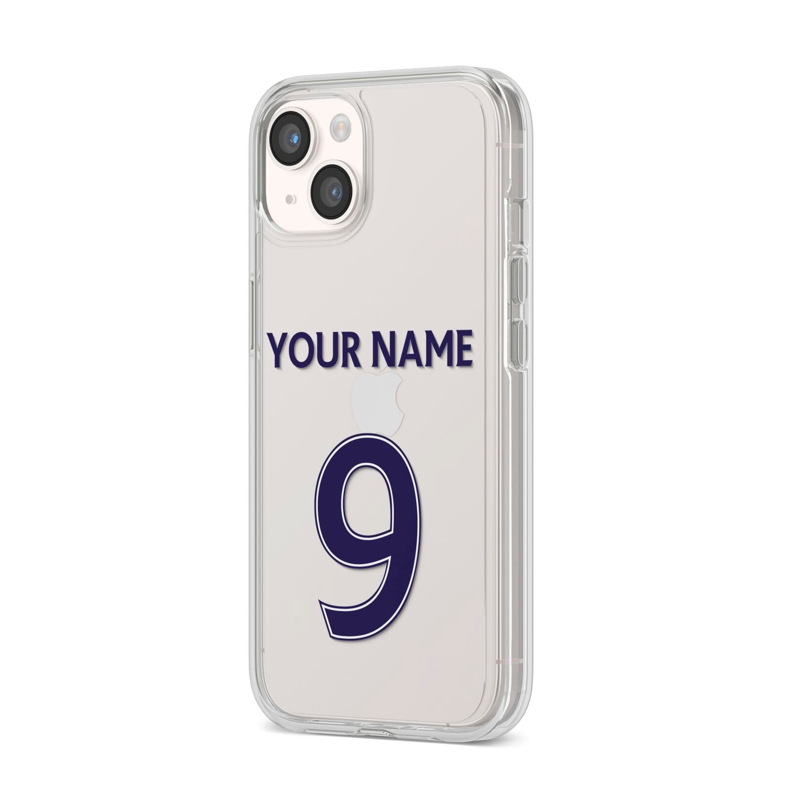 Personalised Football Name and Number iPhone 14 Clear Tough Case Starlight Angled Image