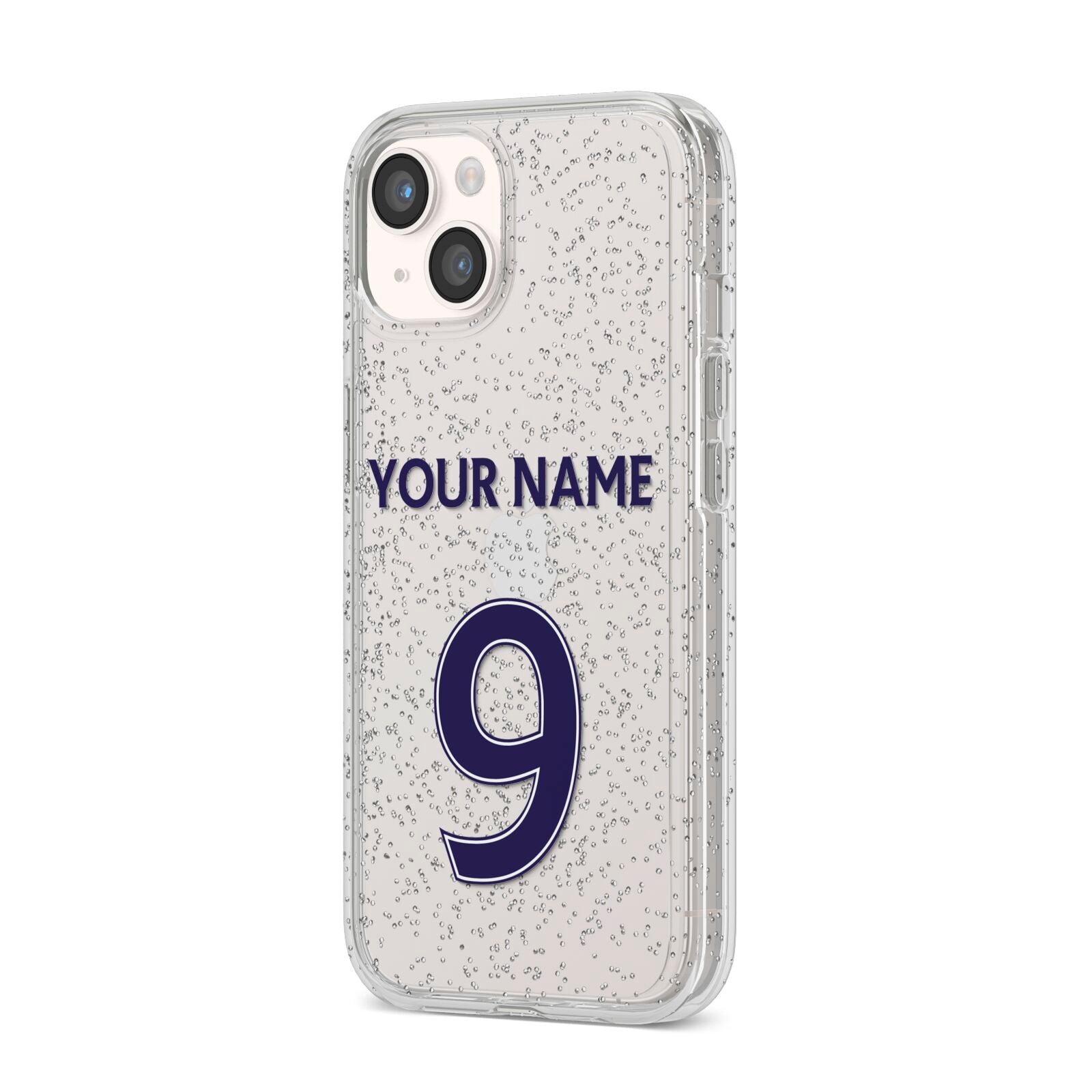 Personalised Football Name and Number iPhone 14 Glitter Tough Case Starlight Angled Image