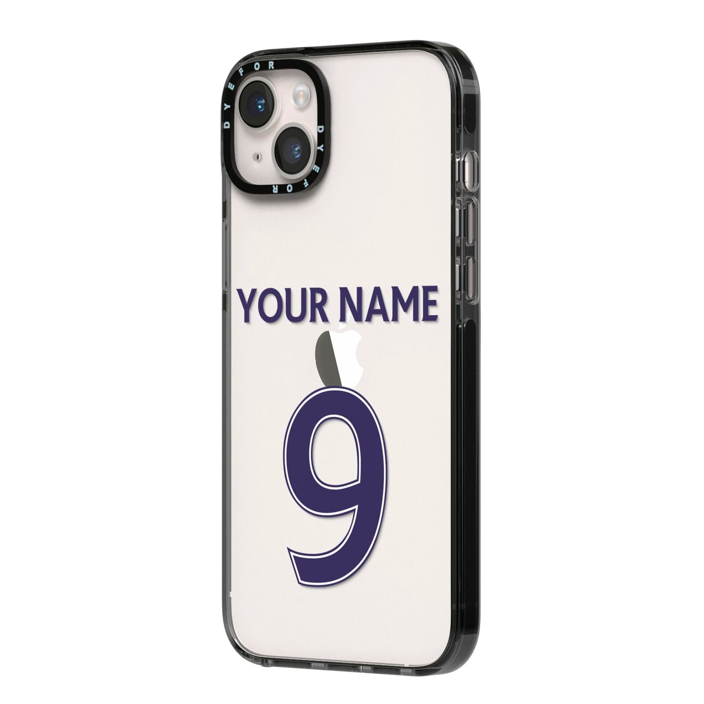 Personalised Football Name and Number iPhone 14 Plus Black Impact Case Side Angle on Silver phone