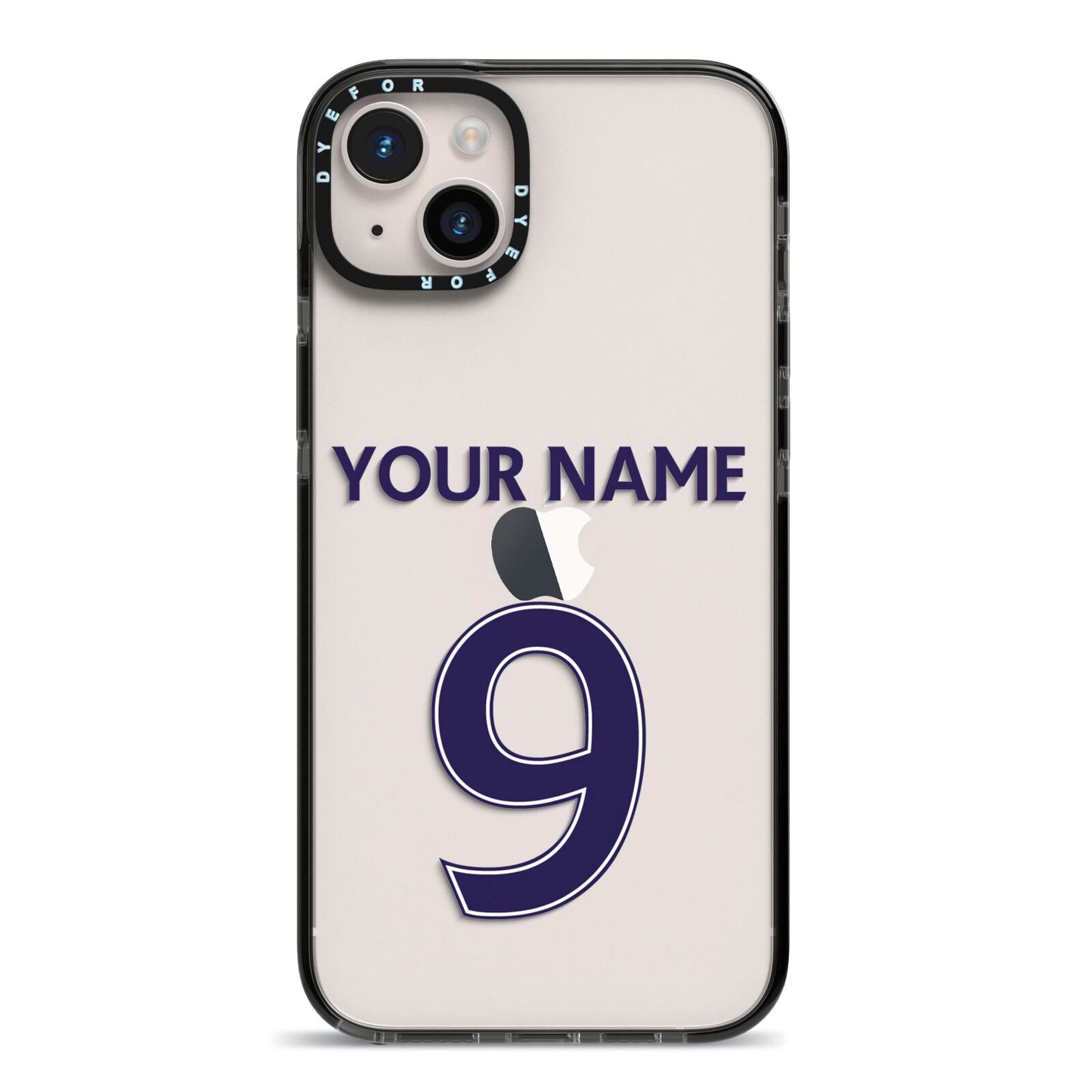 Personalised Football Name and Number iPhone 14 Plus Black Impact Case on Silver phone