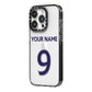Personalised Football Name and Number iPhone 14 Pro Black Impact Case Side Angle on Silver phone