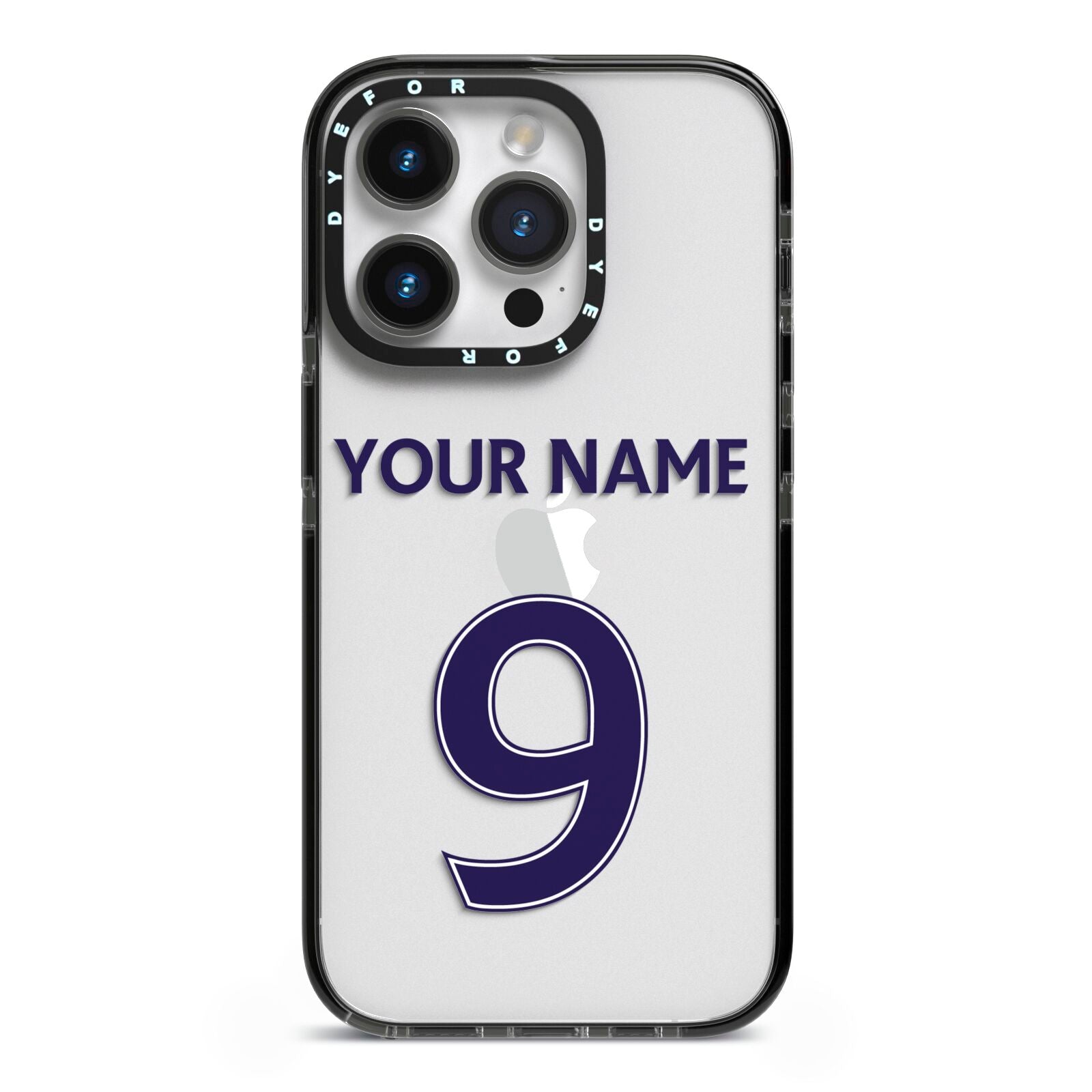Personalised Football Name and Number iPhone 14 Pro Black Impact Case on Silver phone