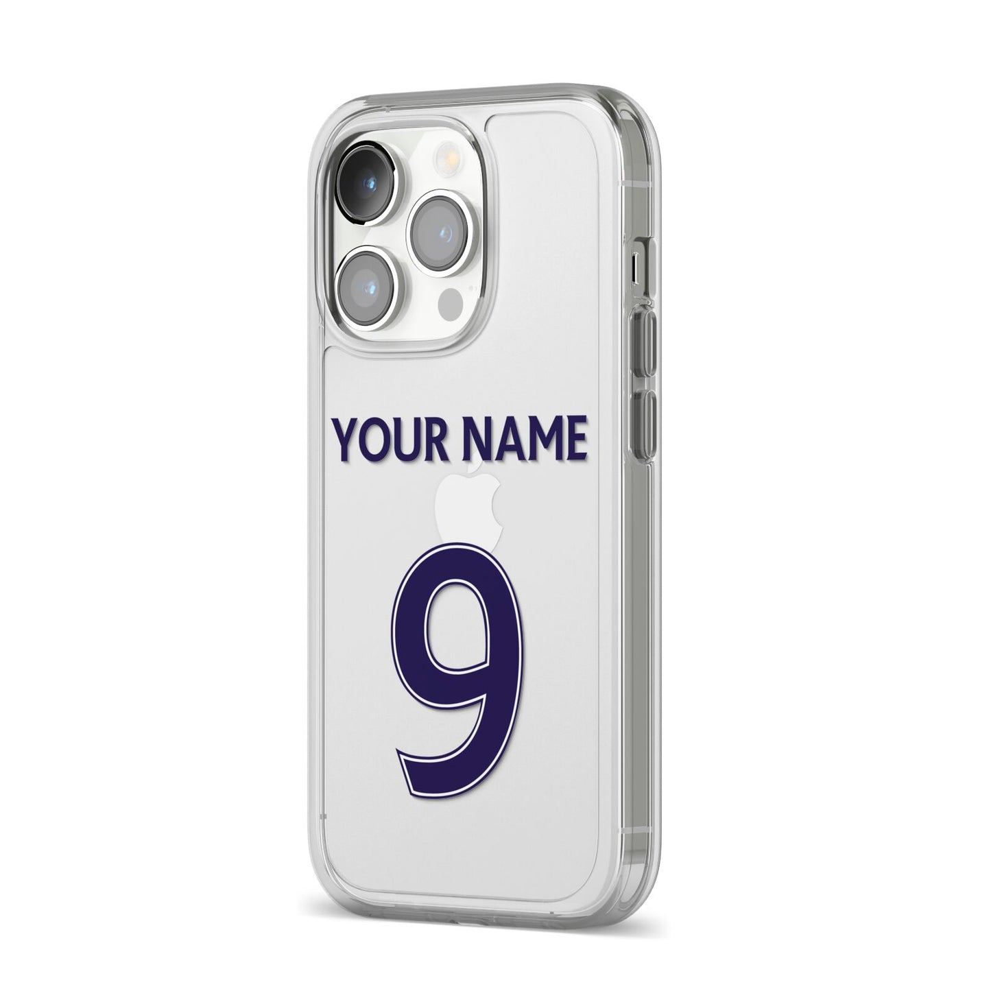 Personalised Football Name and Number iPhone 14 Pro Clear Tough Case Silver Angled Image