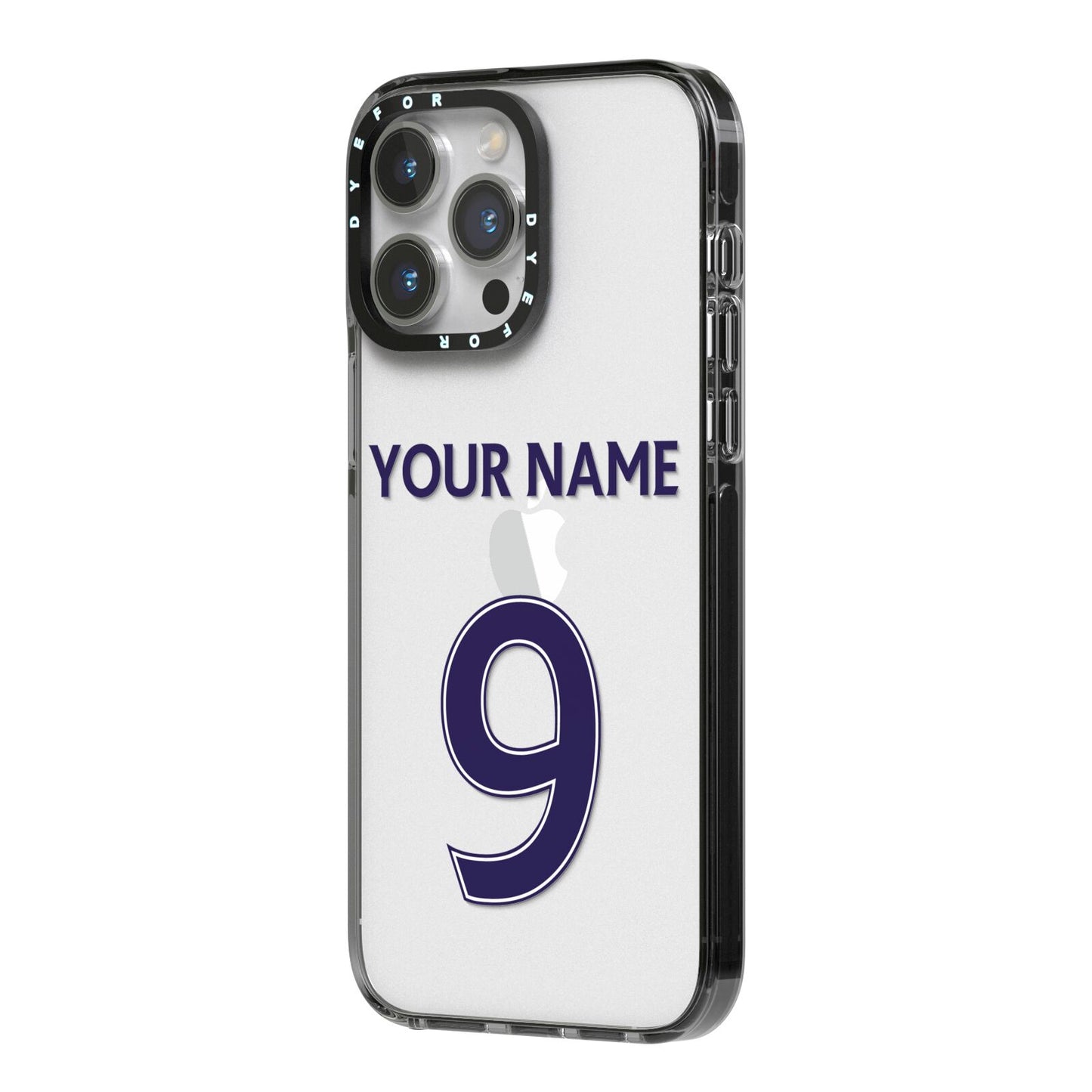Personalised Football Name and Number iPhone 14 Pro Max Black Impact Case Side Angle on Silver phone