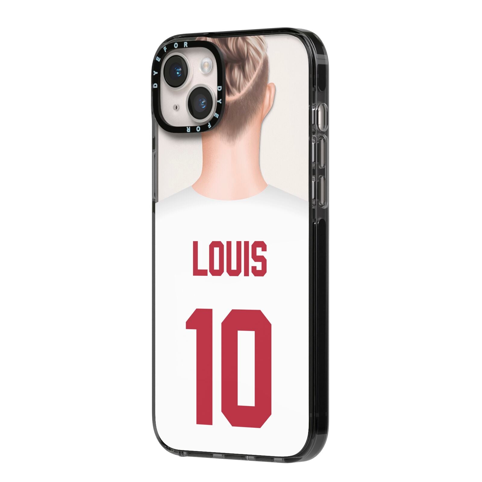 Personalised Football Shirt iPhone 14 Plus Black Impact Case Side Angle on Silver phone