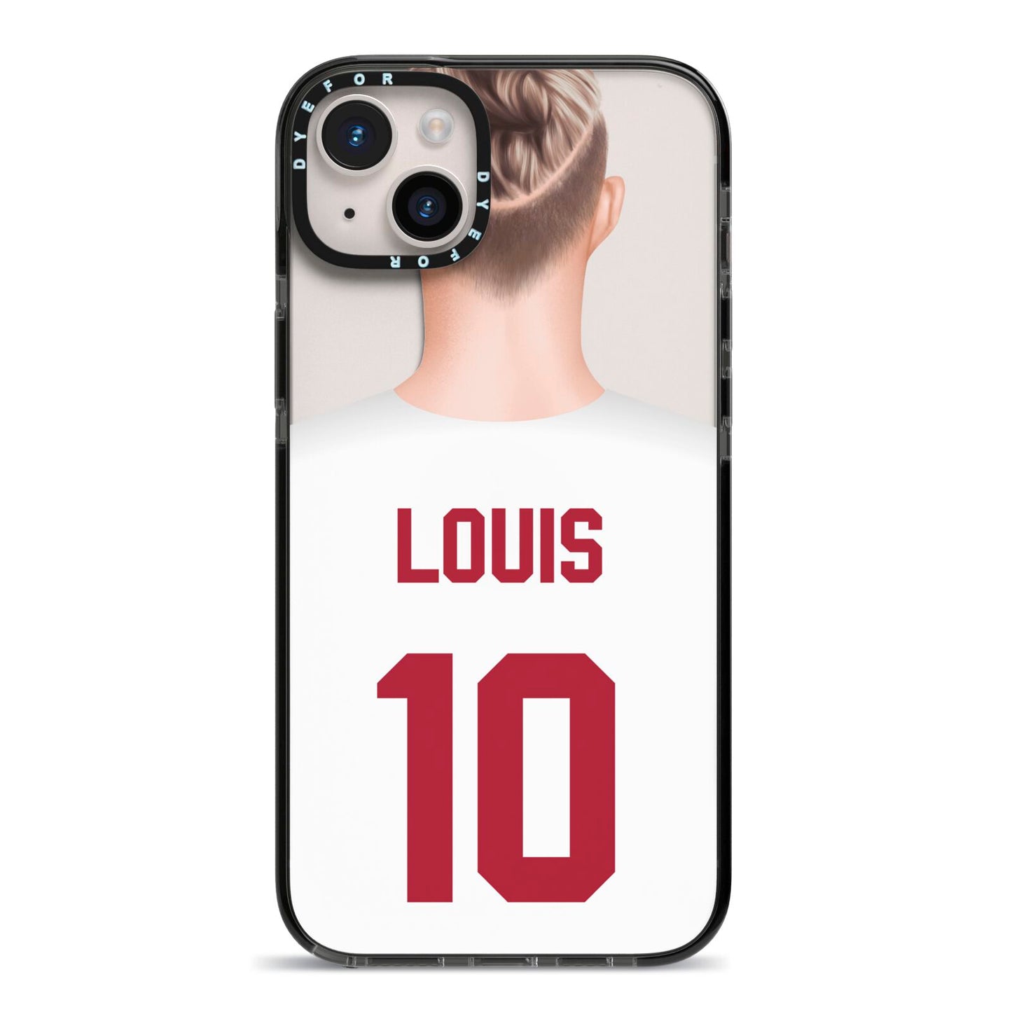 Personalised Football Shirt iPhone 14 Plus Black Impact Case on Silver phone