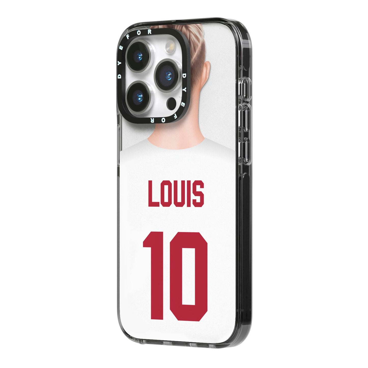 Personalised Football Shirt iPhone 14 Pro Black Impact Case Side Angle on Silver phone