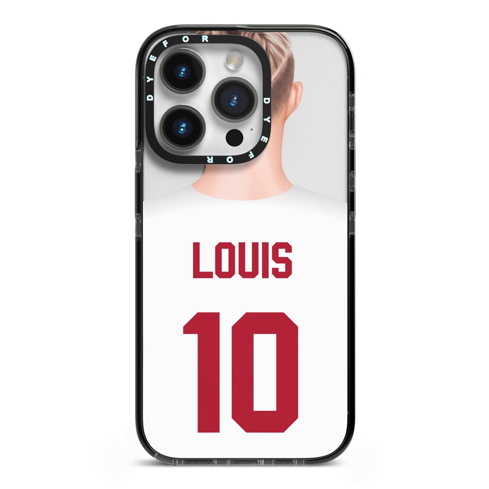 Personalised Football Shirt iPhone 14 Pro Black Impact Case on Silver phone