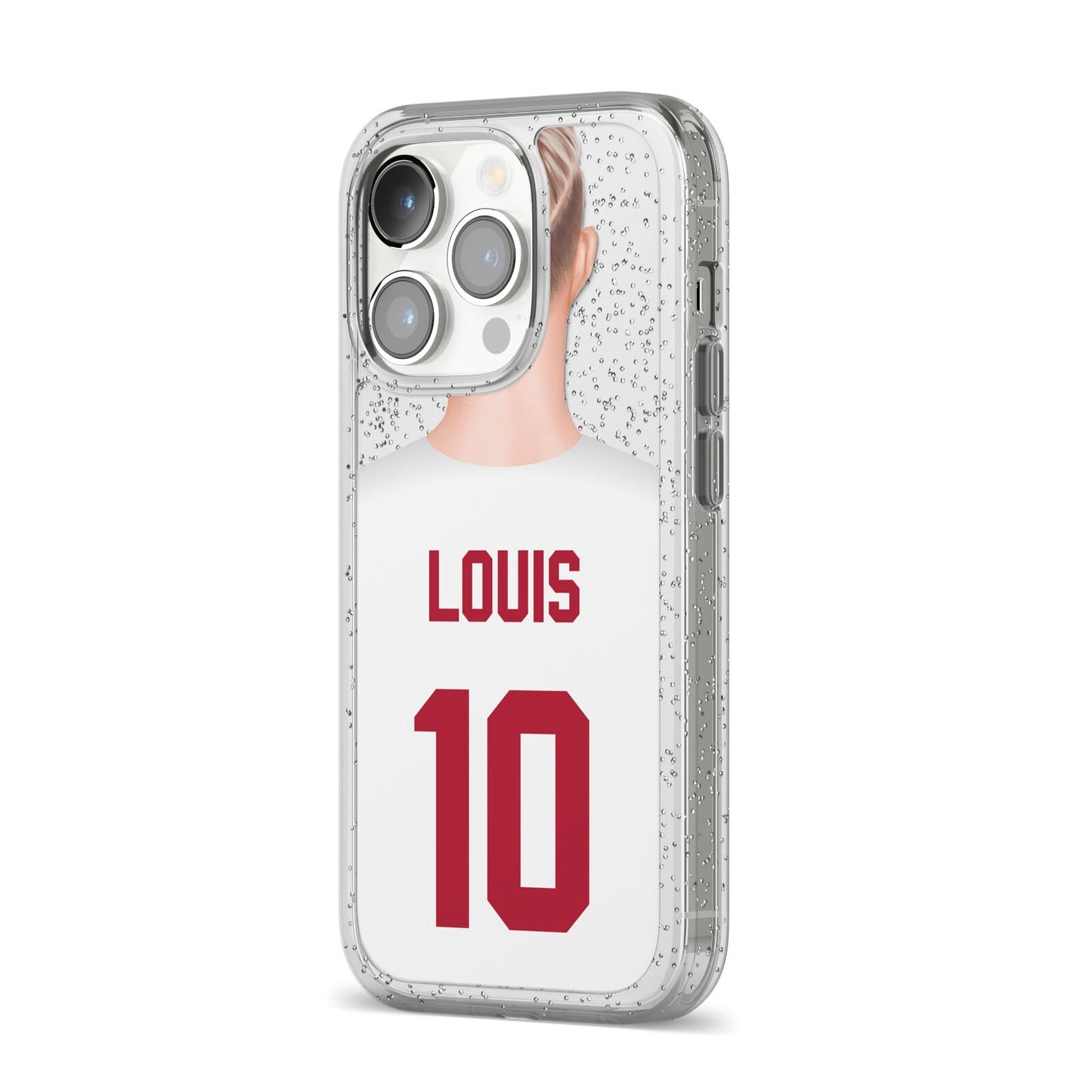 Personalised Football Shirt iPhone 14 Pro Glitter Tough Case Silver Angled Image